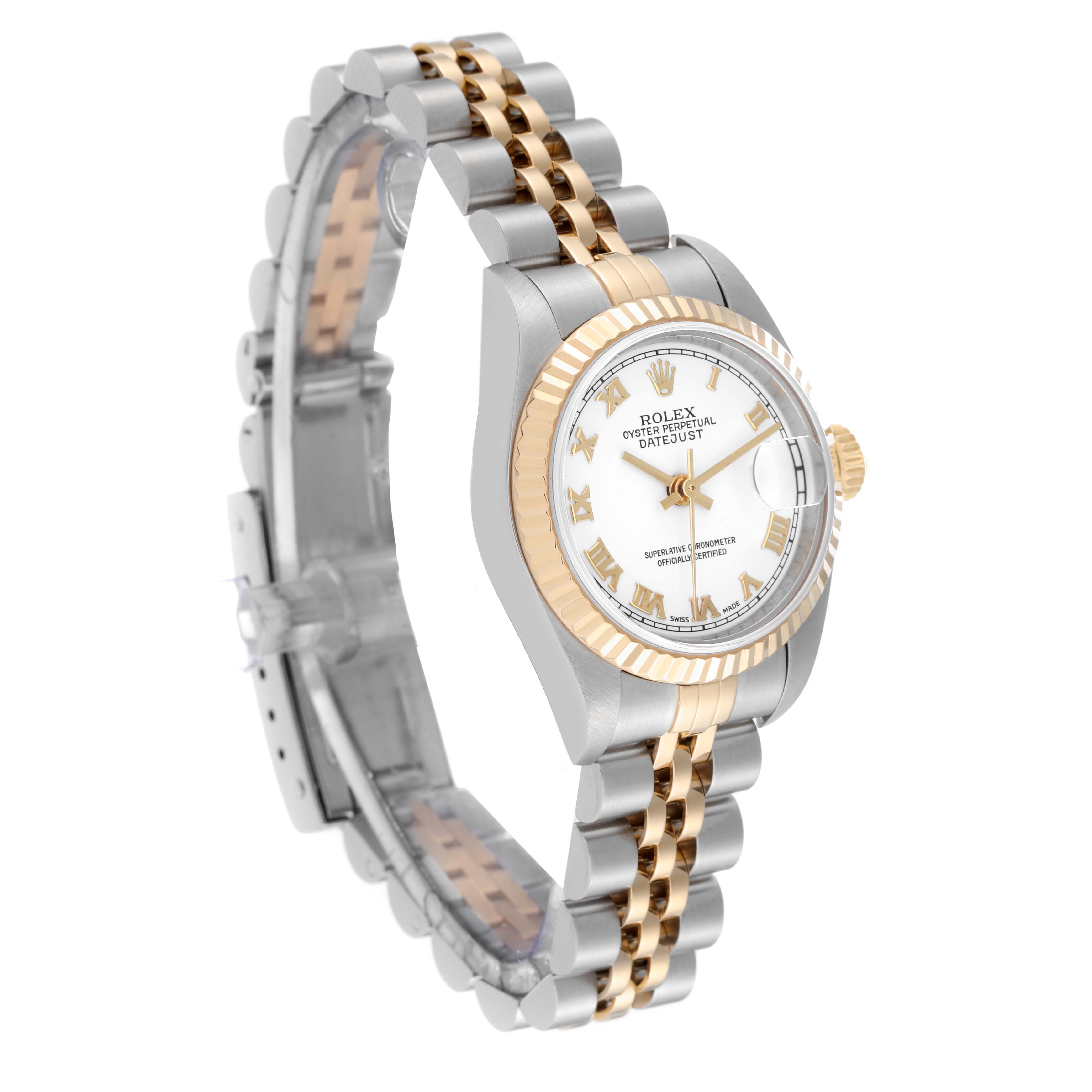 This Rolex Datejust 79173 Women's Steel and Gold (two tone) White Dial 79173 Women's Steel and Gold (two tone) White Dial watch is shown at an angled view displaying the face, bezel, and bracelet.