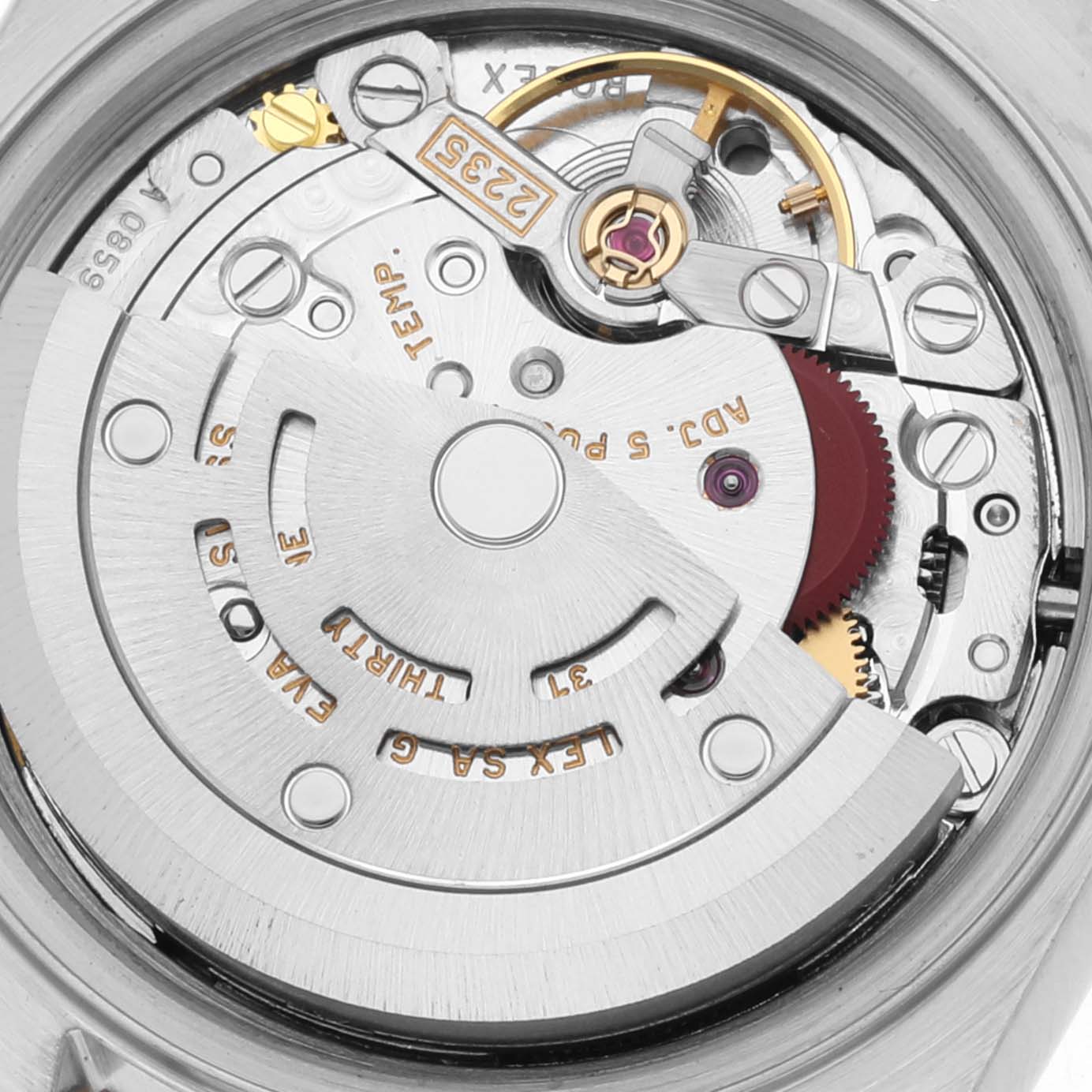 This is the movement of a Rolex Datejust 79173 Women's Steel and Gold (two tone) White Dial 79173 Women's Steel and Gold (two tone) White Dial watch, showcasing its intricate internal mechanism.