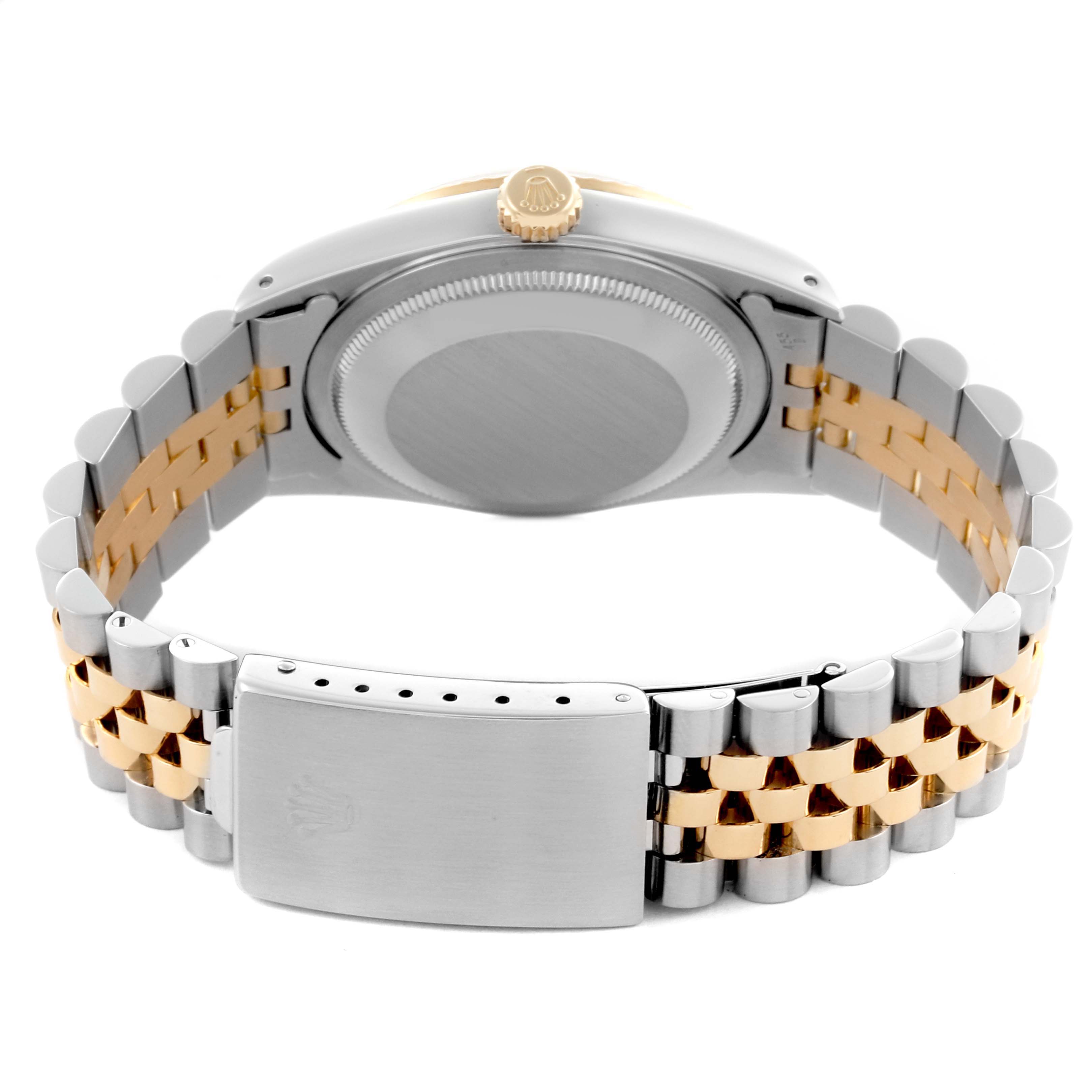 The Rolex Datejust 16233 Men's Steel and Gold (two tone) White Dial 16233 Men's Steel and Gold (two tone) White Dial watch is shown from the back, featuring its jubilee bracelet and clasp.