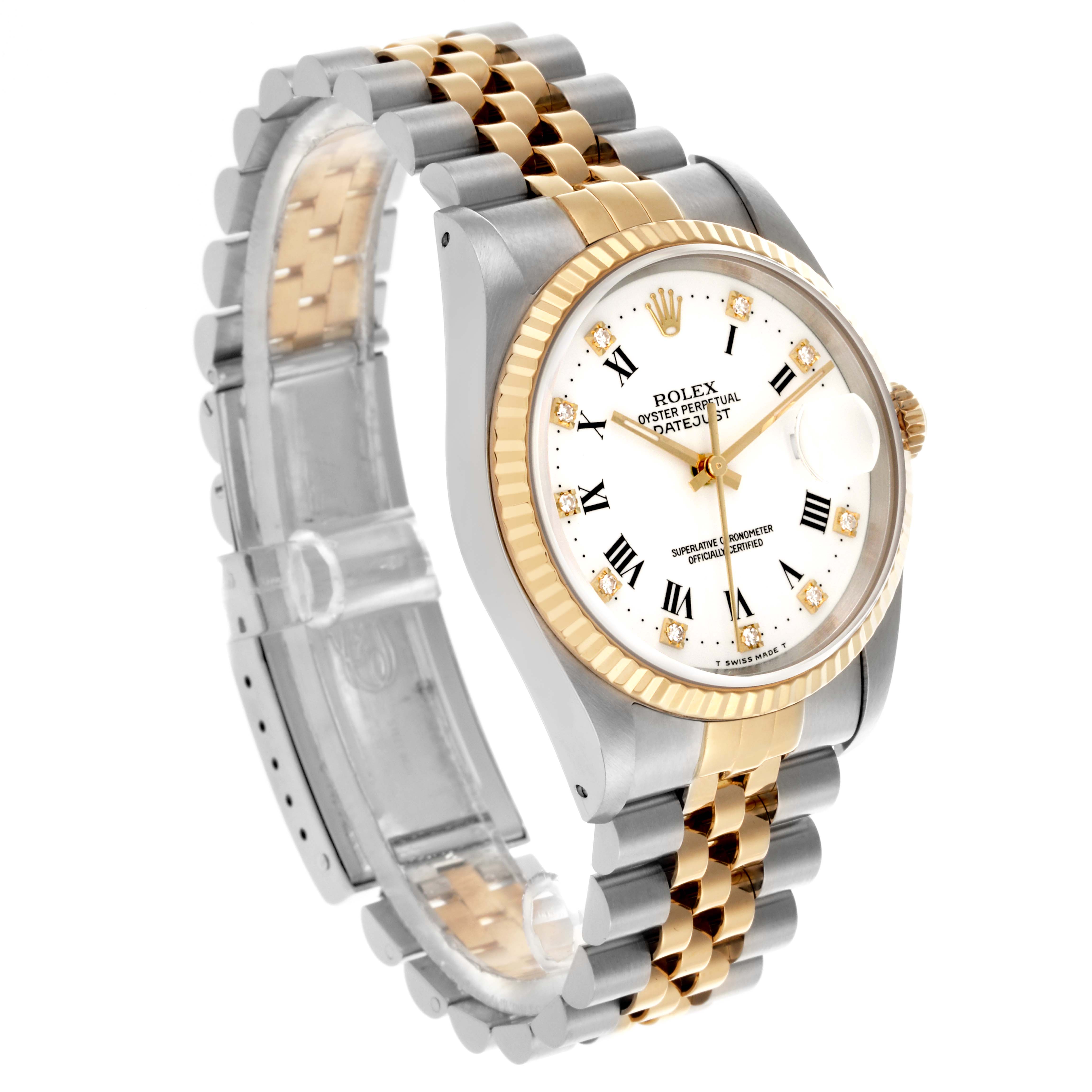 The Rolex Datejust 16233 Men's Steel and Gold (two tone) White Dial 16233 Men's Steel and Gold (two tone) White Dial watch is shown at a slight angle, highlighting the face, fluted bezel, and two-tone Jubilee bracelet.