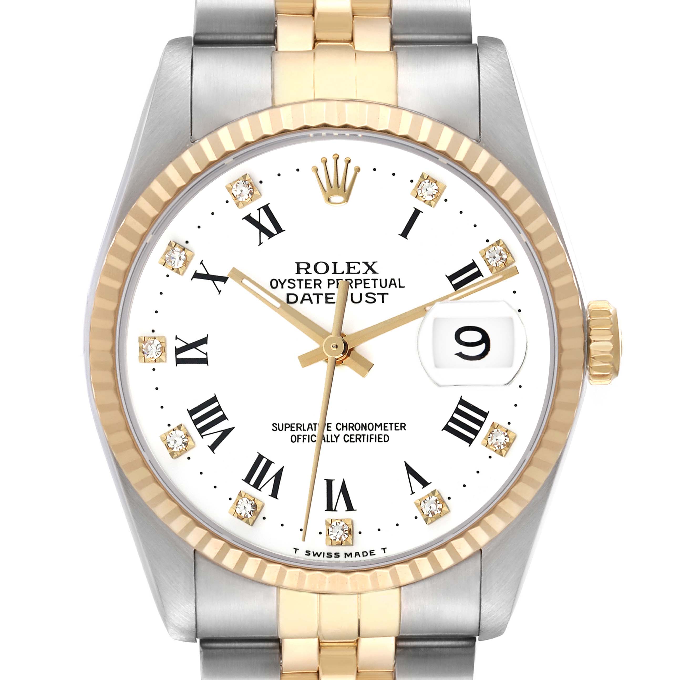 The image shows a Rolex Datejust 16233 Men's Steel and Gold (two tone) White Dial 16233 Men's Steel and Gold (two tone) White Dial watch from the front, highlighting its dial, bezel, and bracelet.