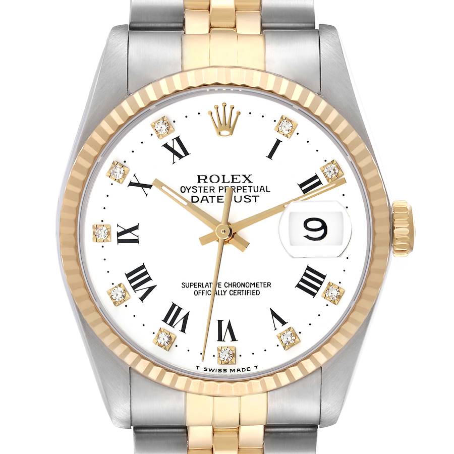 The image shows a Rolex Datejust watch from the front, highlighting its dial, bezel, and bracelet.