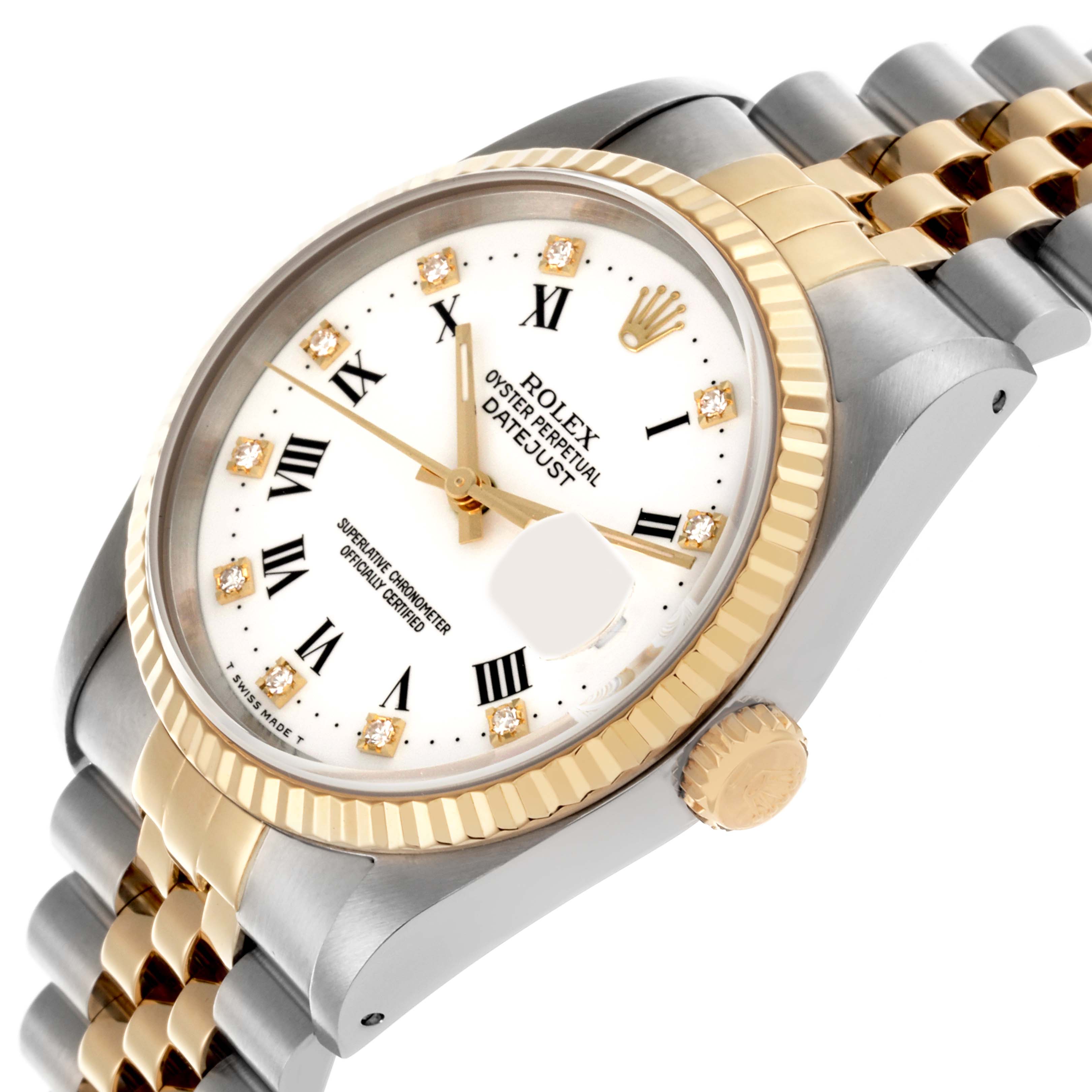 The Rolex Datejust 16233 Men's Steel and Gold (two tone) White Dial 16233 Men's Steel and Gold (two tone) White Dial watch is shown at an angle highlighting the face, bezel, crown, and part of the bracelet.