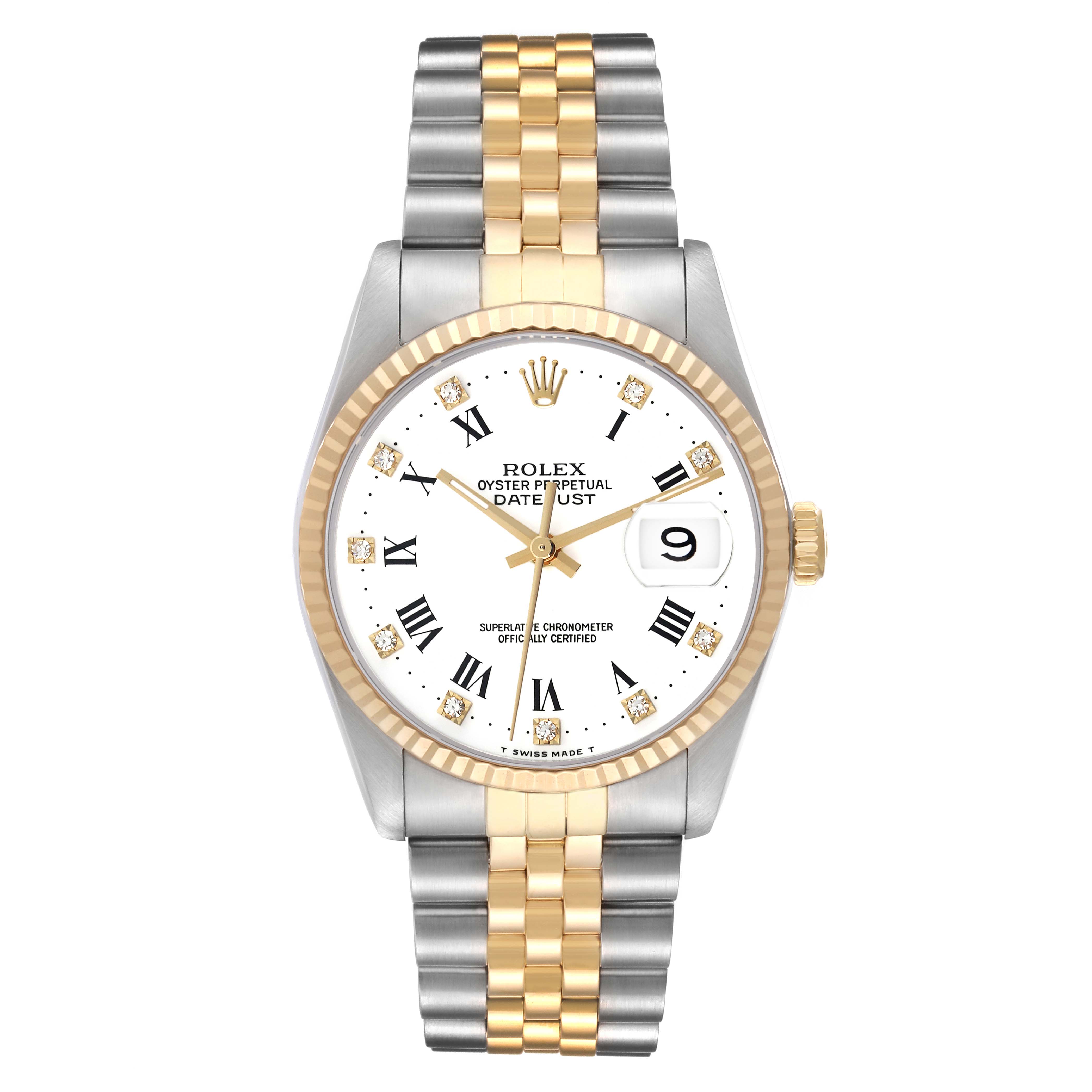 The Rolex Datejust 16233 Men's Steel and Gold (two tone) White Dial 16233 Men's Steel and Gold (two tone) White Dial watch is shown from a top-down angle, displaying the dial, bezel, and full two-tone bracelet.
