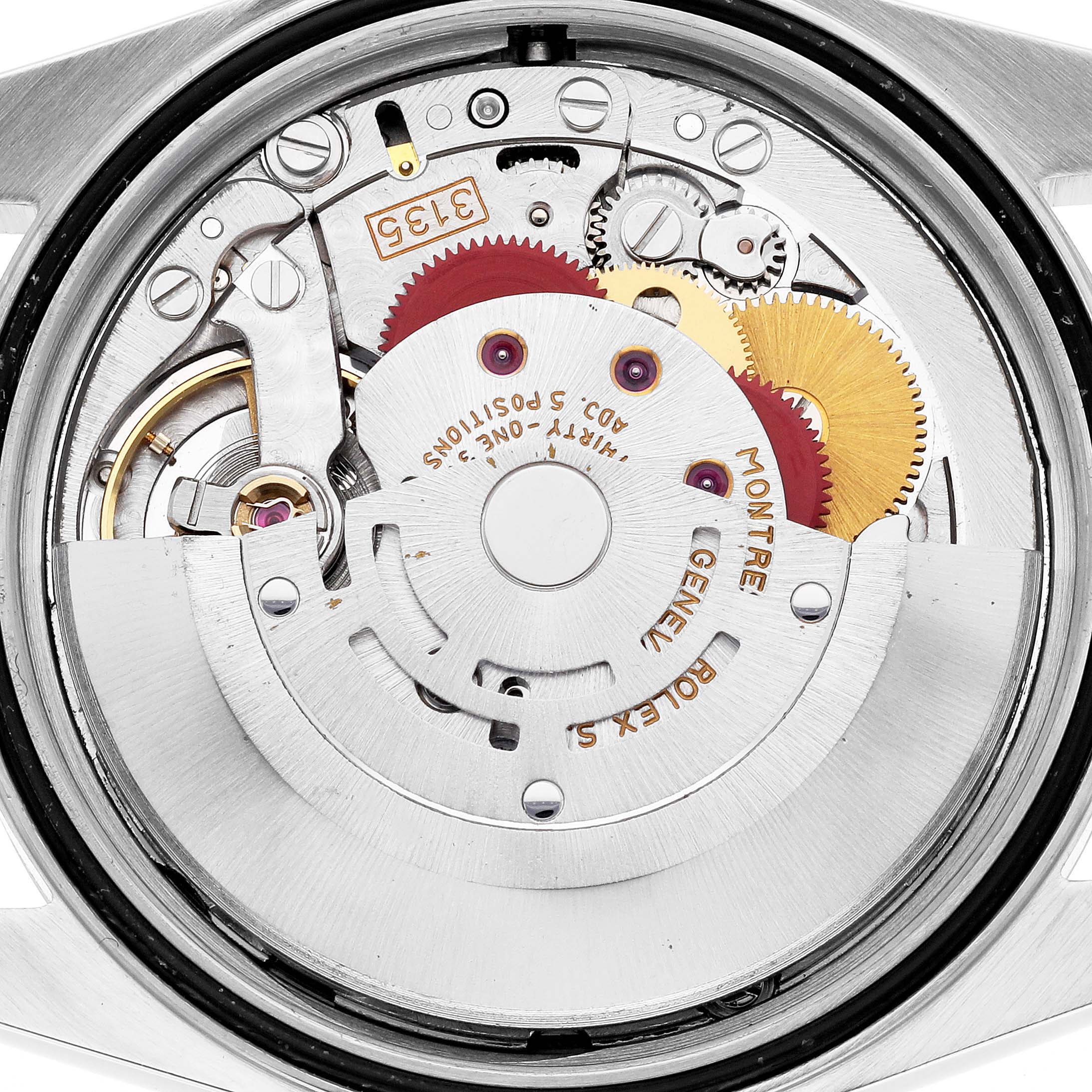 The image shows the movement mechanism from the back of a Rolex Datejust 16233 Men's Steel and Gold (two tone) White Dial 16233 Men's Steel and Gold (two tone) White Dial watch.
