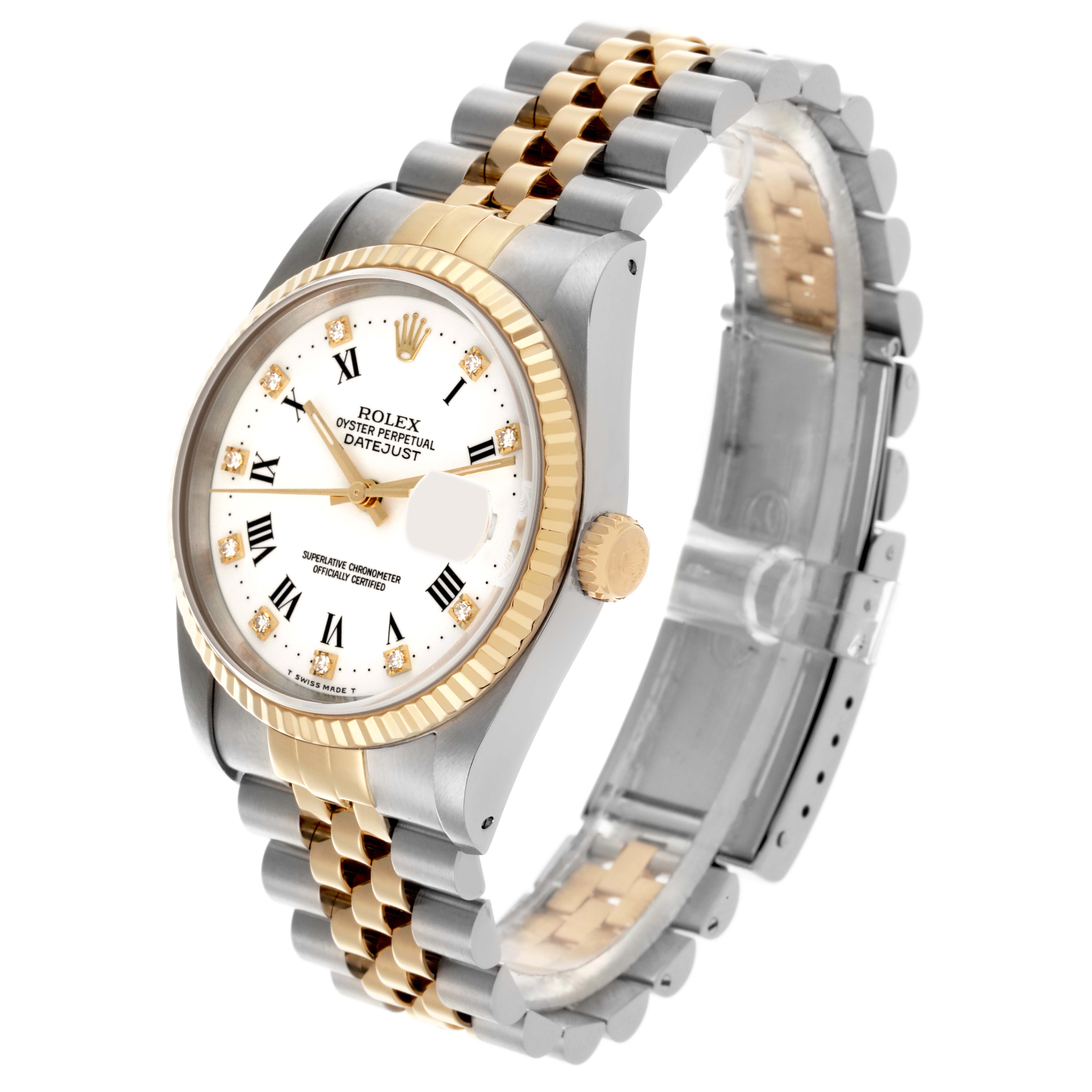 The Rolex Datejust 16233 Men's Steel and Gold (two tone) White Dial 16233 Men's Steel and Gold (two tone) White Dial is shown from a side angle, highlighting the dial, bezel, crown, and Jubilee bracelet.
