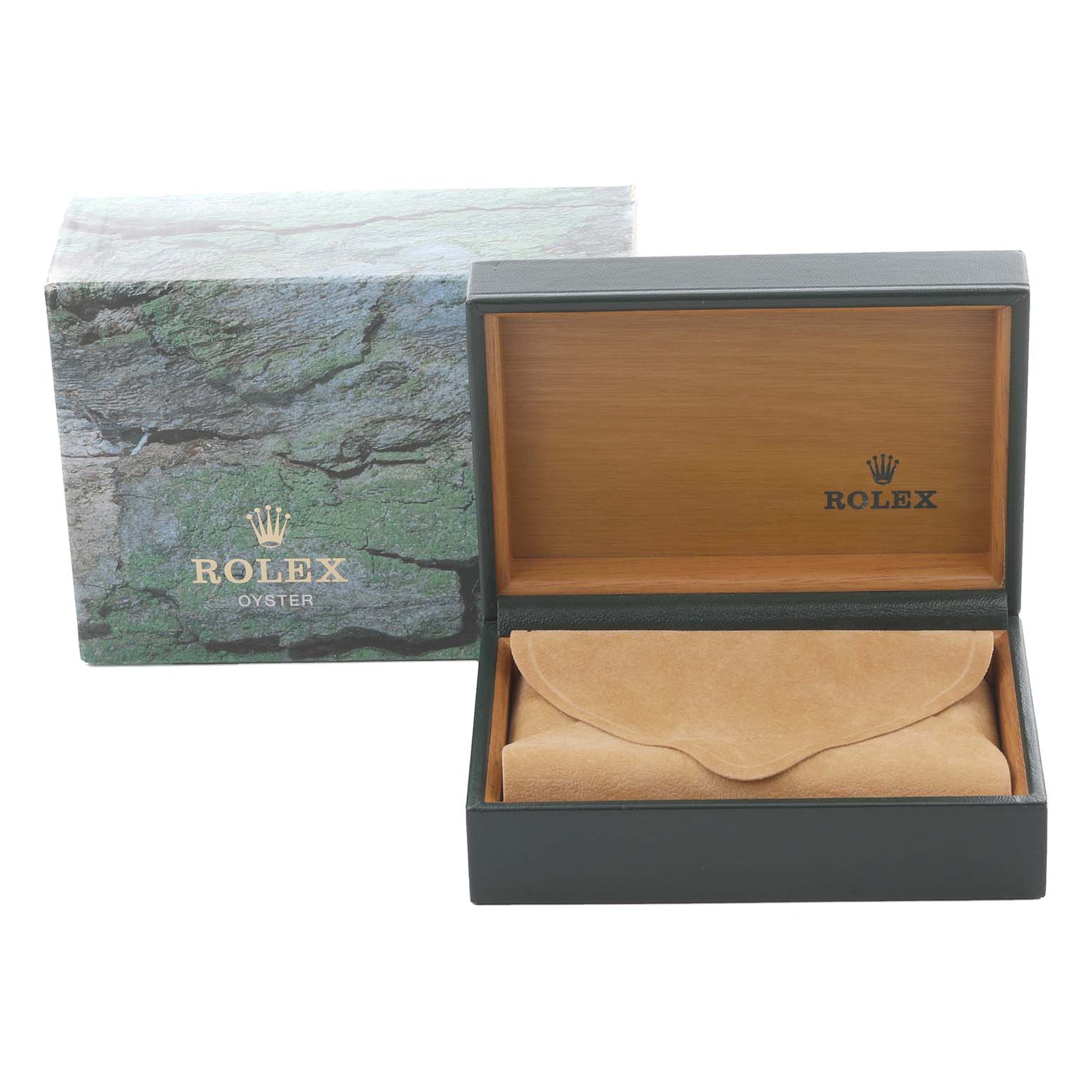 The image shows an open box for a Rolex Datejust 16233 Men's Steel and Gold (two tone) White Dial 16233 Men's Steel and Gold (two tone) White Dial watch, displaying its protective case from the front angle.