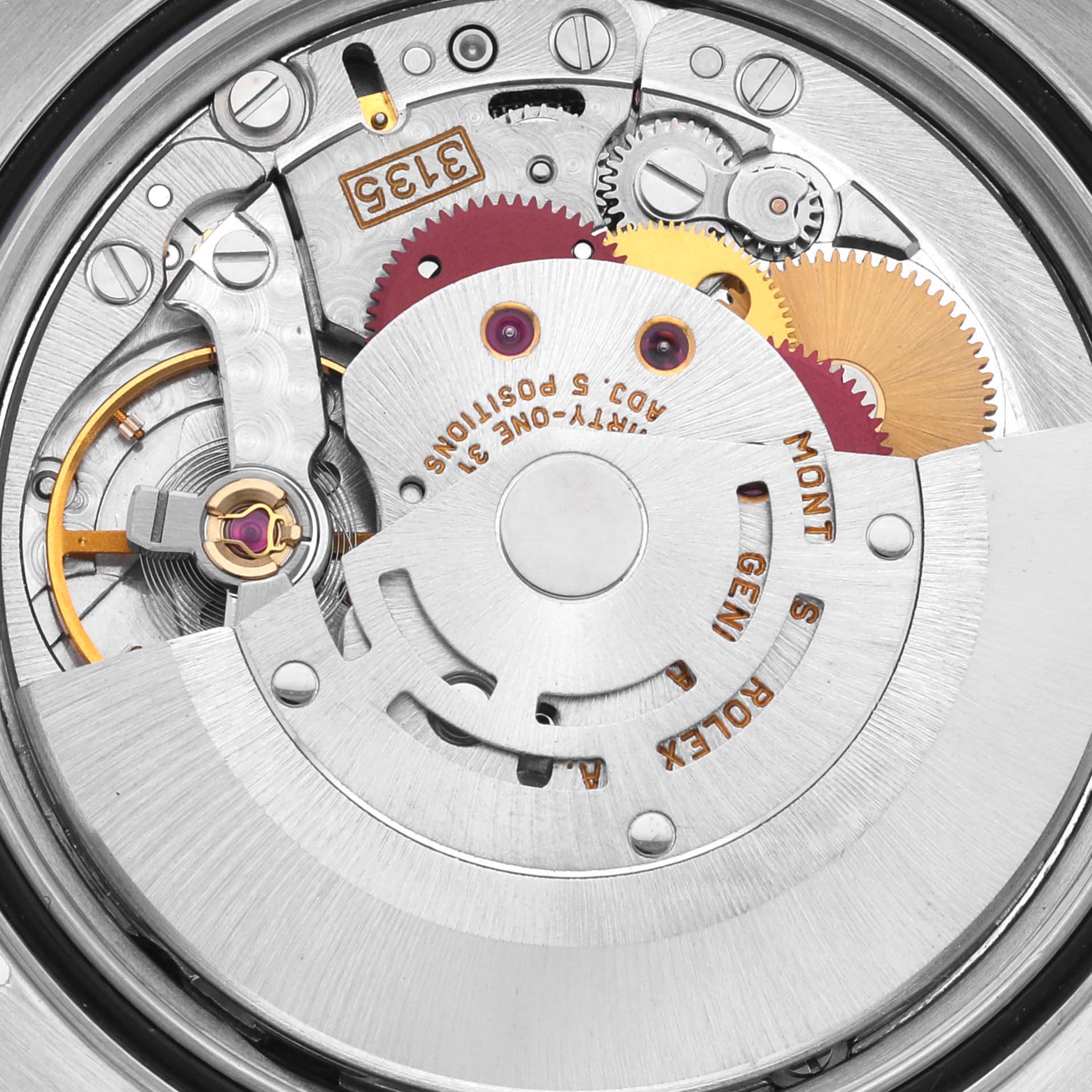 The image shows a close-up of the movement mechanism of a Rolex Datejust 16233 Men's Steel and Gold (two tone) White Dial 16233 Men's Steel and Gold (two tone) White Dial watch, highlighting gears and components.