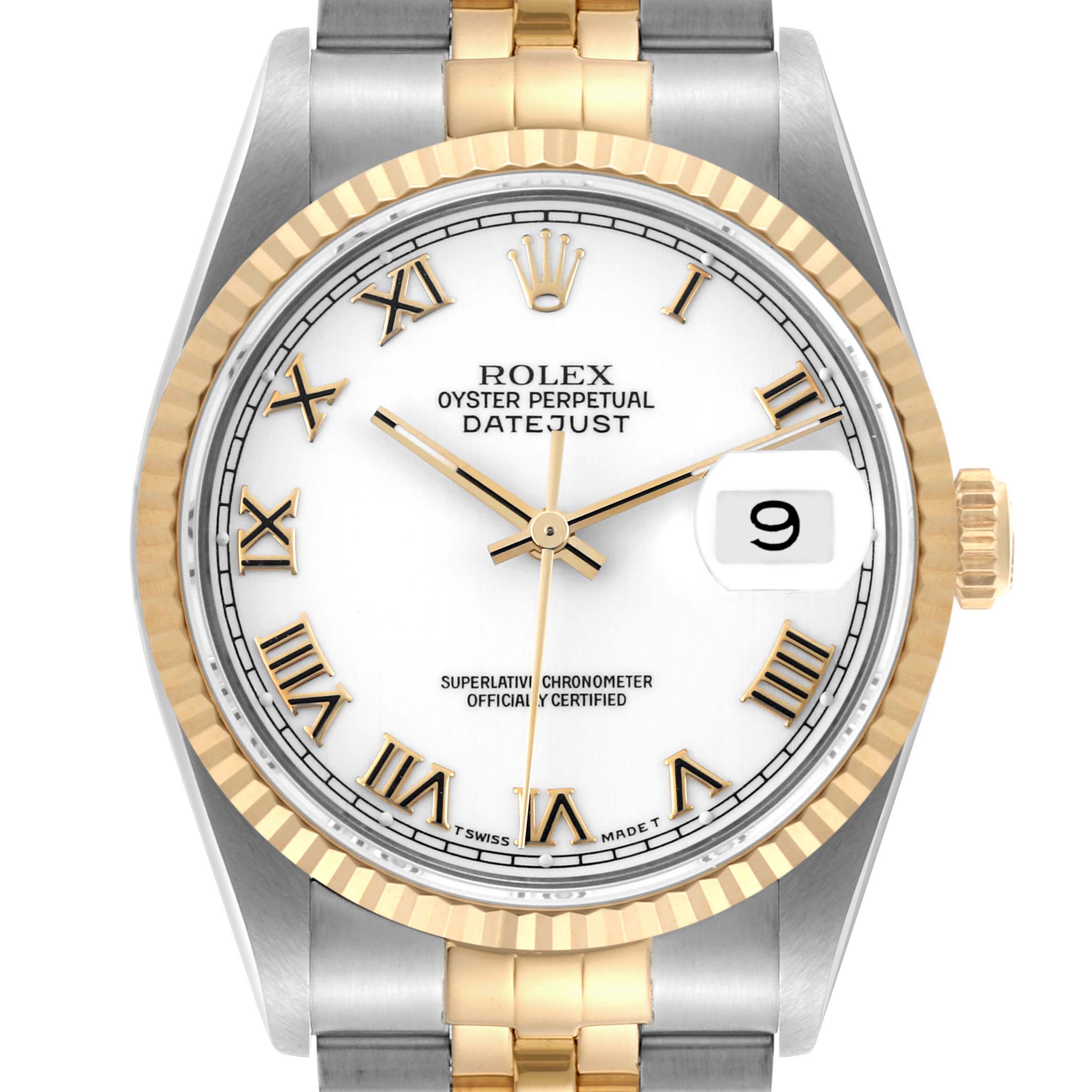 The image shows a front view of the Rolex Datejust 16233 Men's Steel and Gold (two tone) White Dial 16233 Men's Steel and Gold (two tone) White Dial watch, highlighting the face, bezel, and partial bracelet.