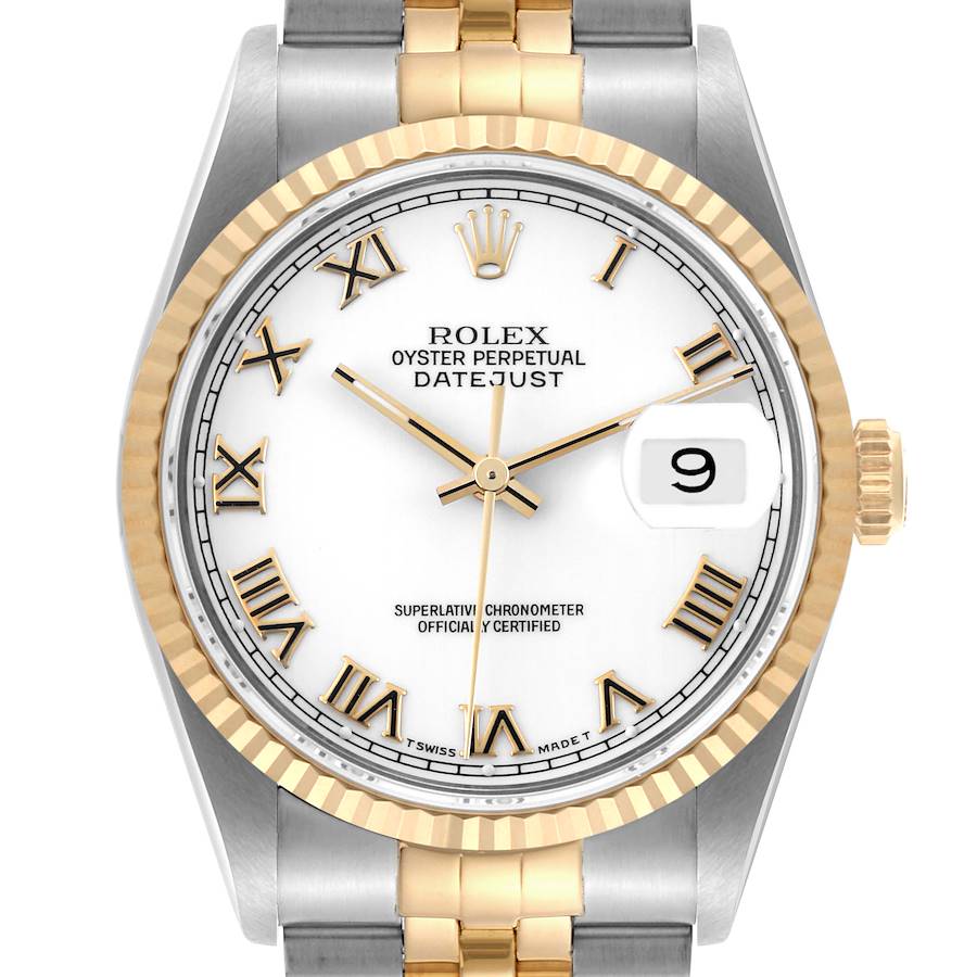 The image shows a front view of the Rolex Datejust watch, highlighting the face, bezel, and partial bracelet.