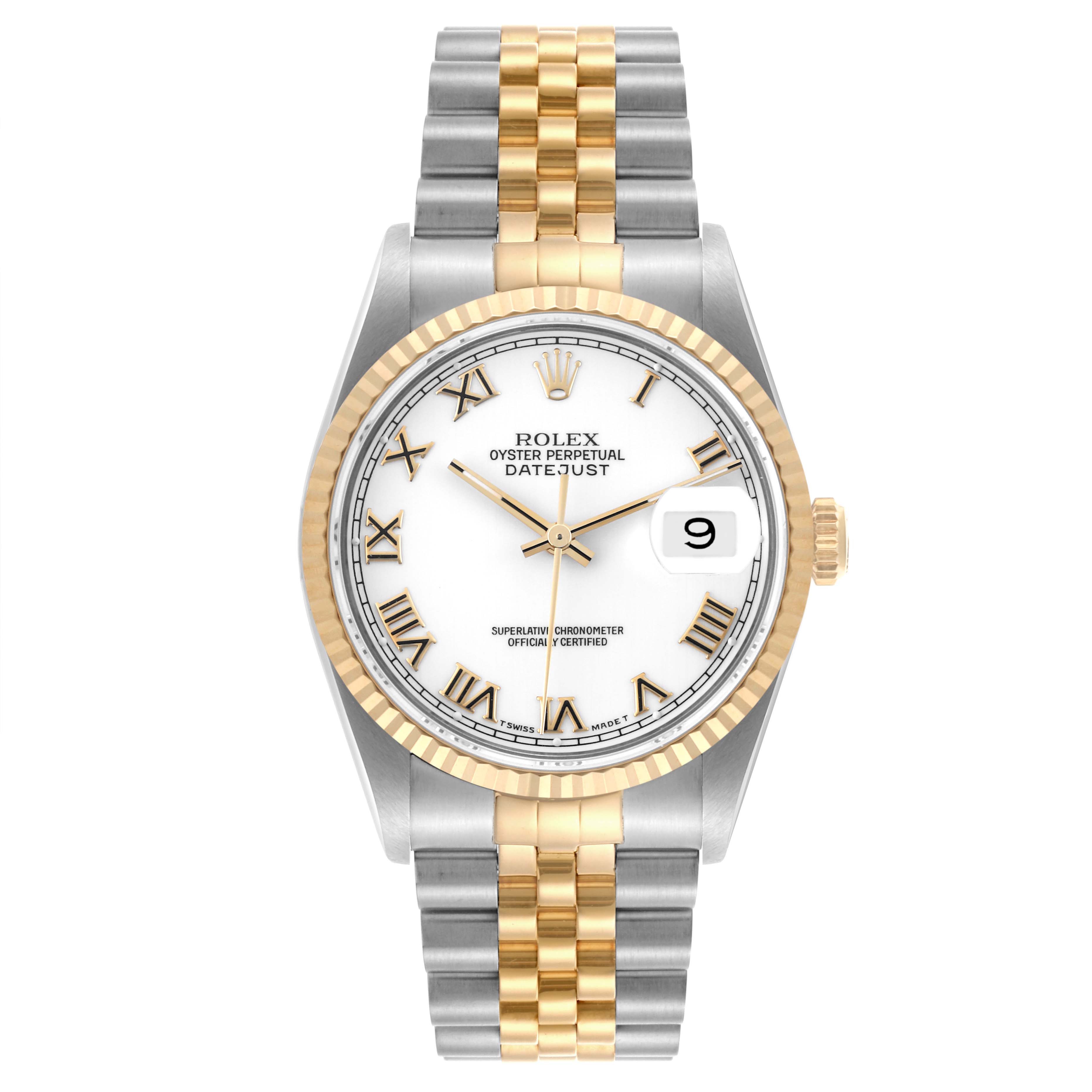 The Rolex Datejust 16233 Men's Steel and Gold (two tone) White Dial 16233 Men's Steel and Gold (two tone) White Dial watch is shown from the front, displaying the dial, bezel, bracelet, and crown.