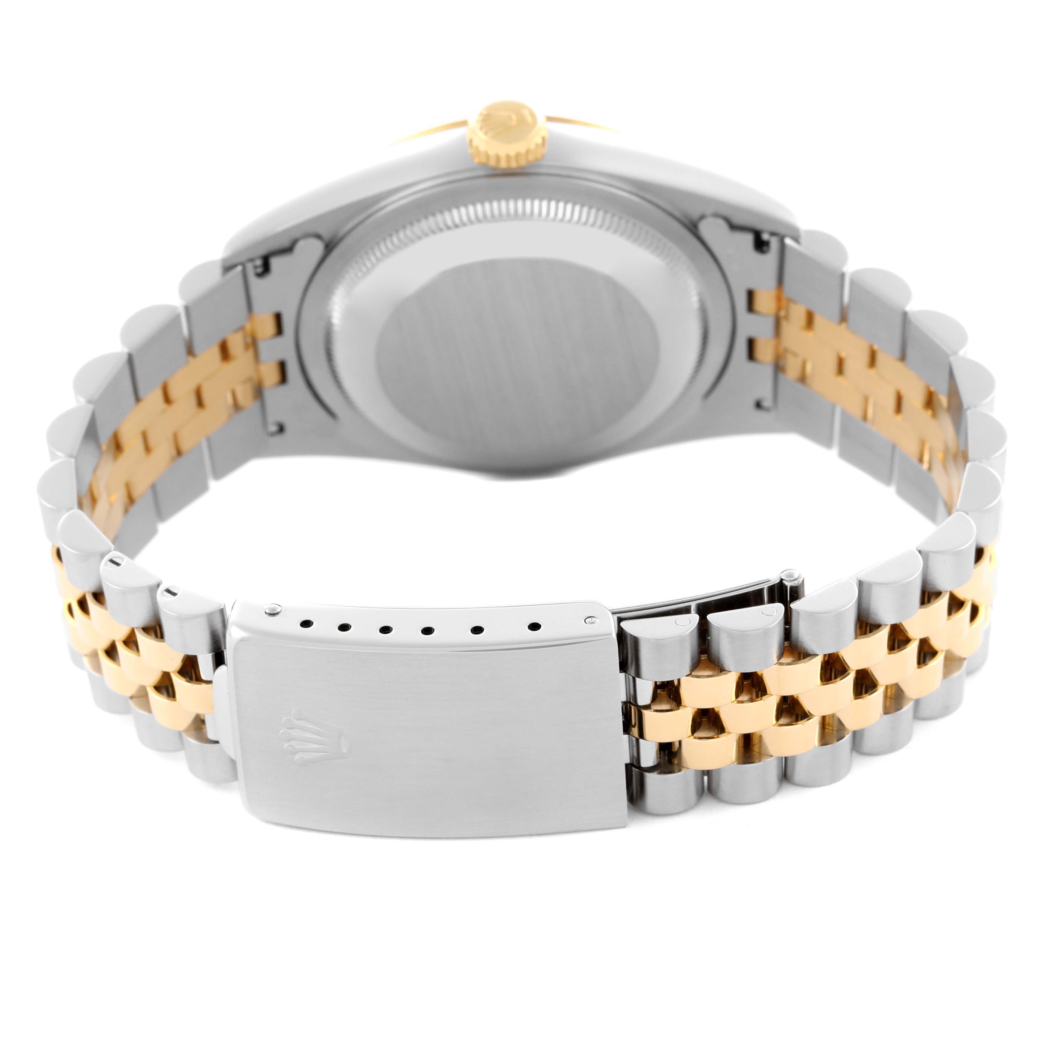 The image shows the back of a Rolex Datejust 16233 Men's Steel and Gold (two tone) White Dial 16233 Men's Steel and Gold (two tone) White Dial watch, highlighting the case, crown, and bracelet clasp.