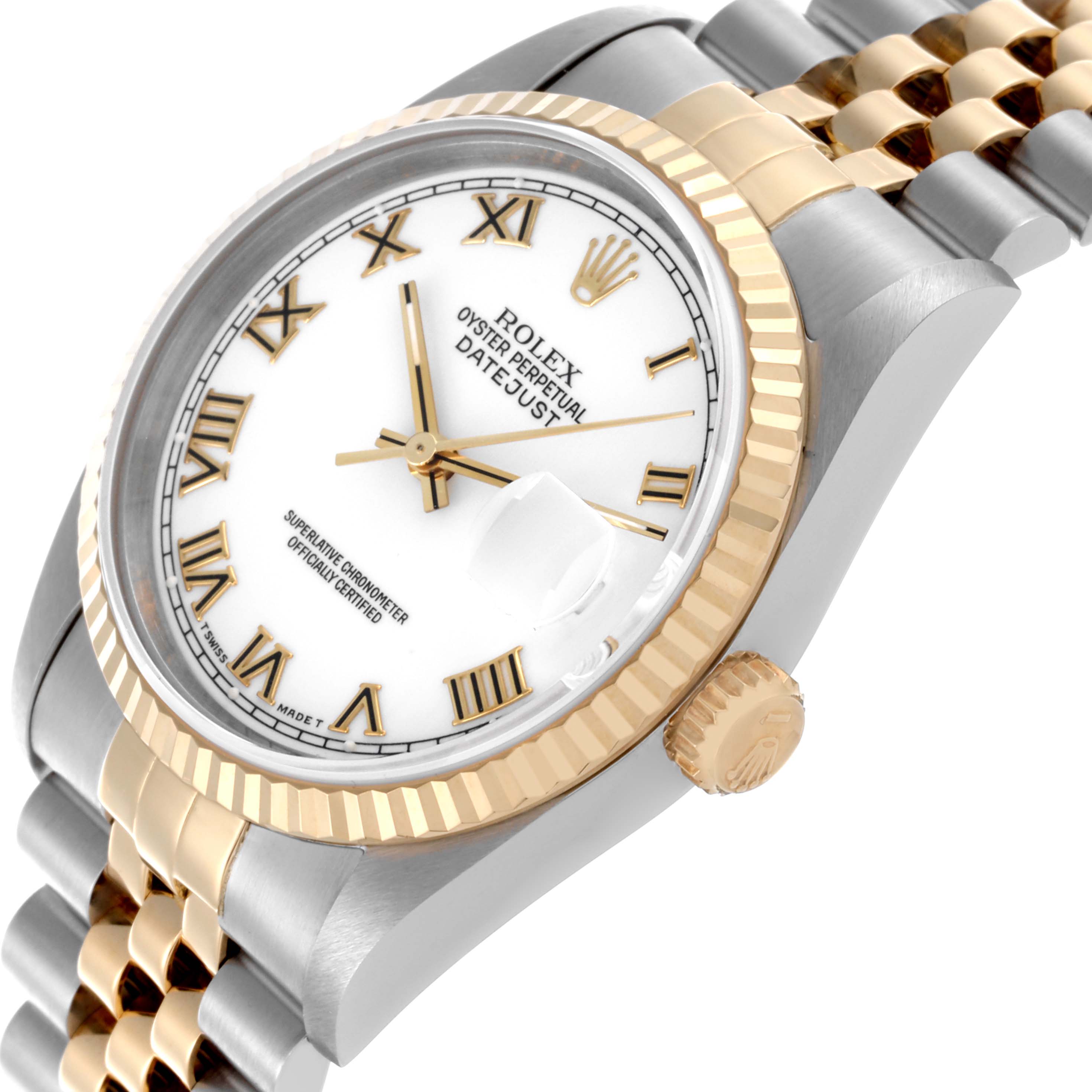 The Rolex Datejust 16233 Men's Steel and Gold (two tone) White Dial 16233 Men's Steel and Gold (two tone) White Dial watch is shown at an angle highlighting the dial, fluted bezel, and two-tone bracelet.