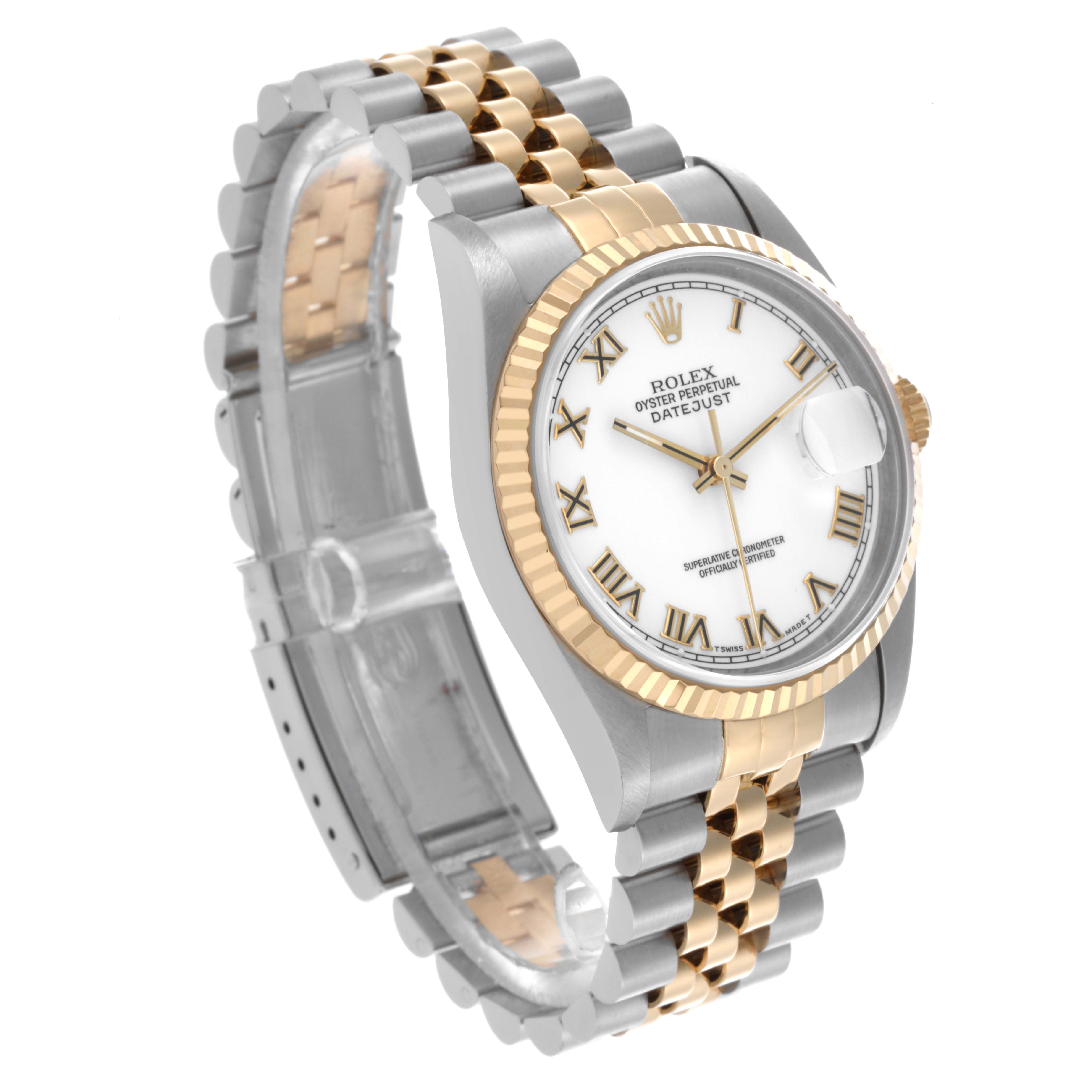 The Rolex Datejust 16233 Men's Steel and Gold (two tone) White Dial 16233 Men's Steel and Gold (two tone) White Dial watch is shown at a front angle, displaying the dial, bezel, and Jubilee bracelet.