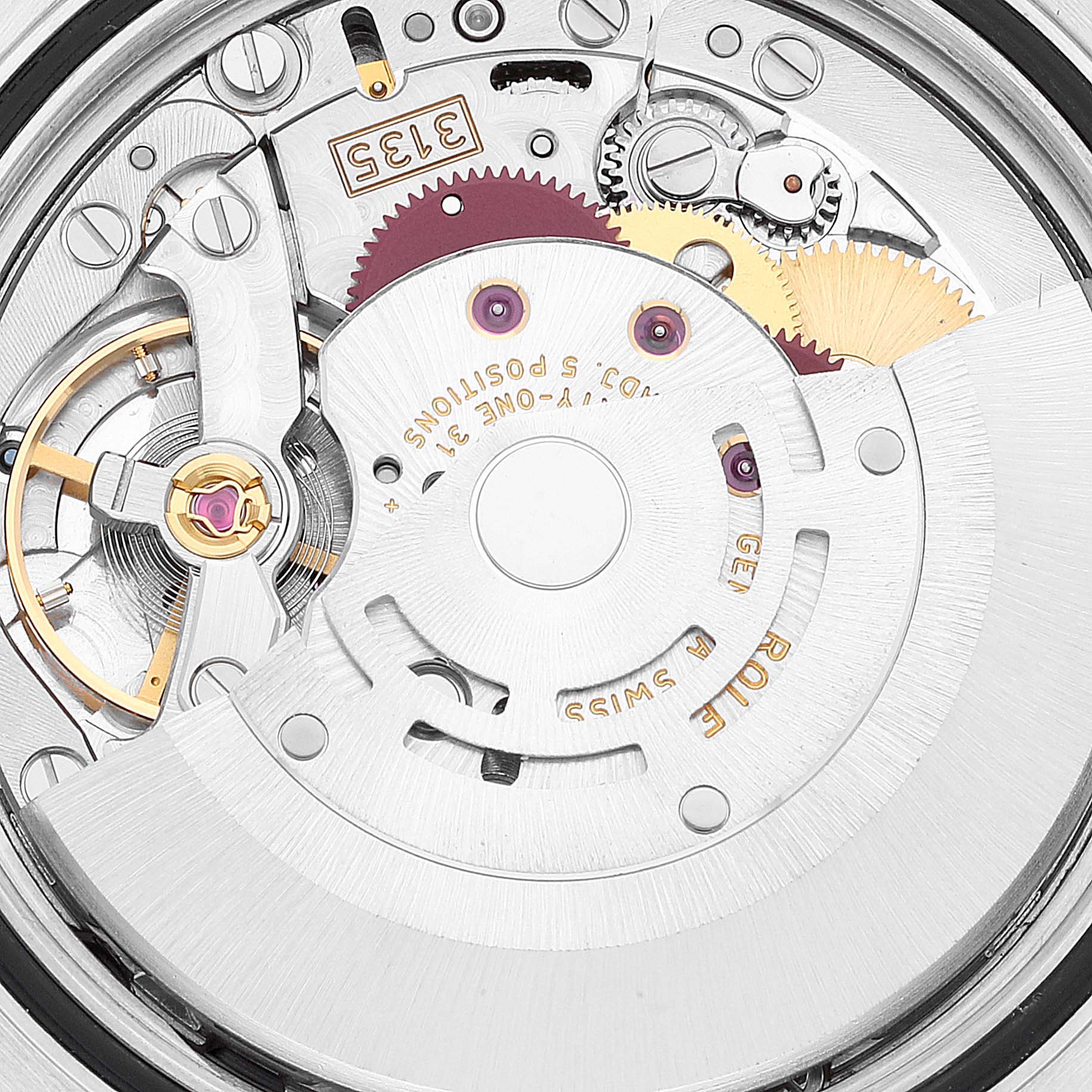 The image shows the intricate movement mechanism of a Rolex Turn-o-Graph 116264 Men's Stainless Steel White Dial 116264 Men's Stainless Steel White Dial model watch from a close-up angle.