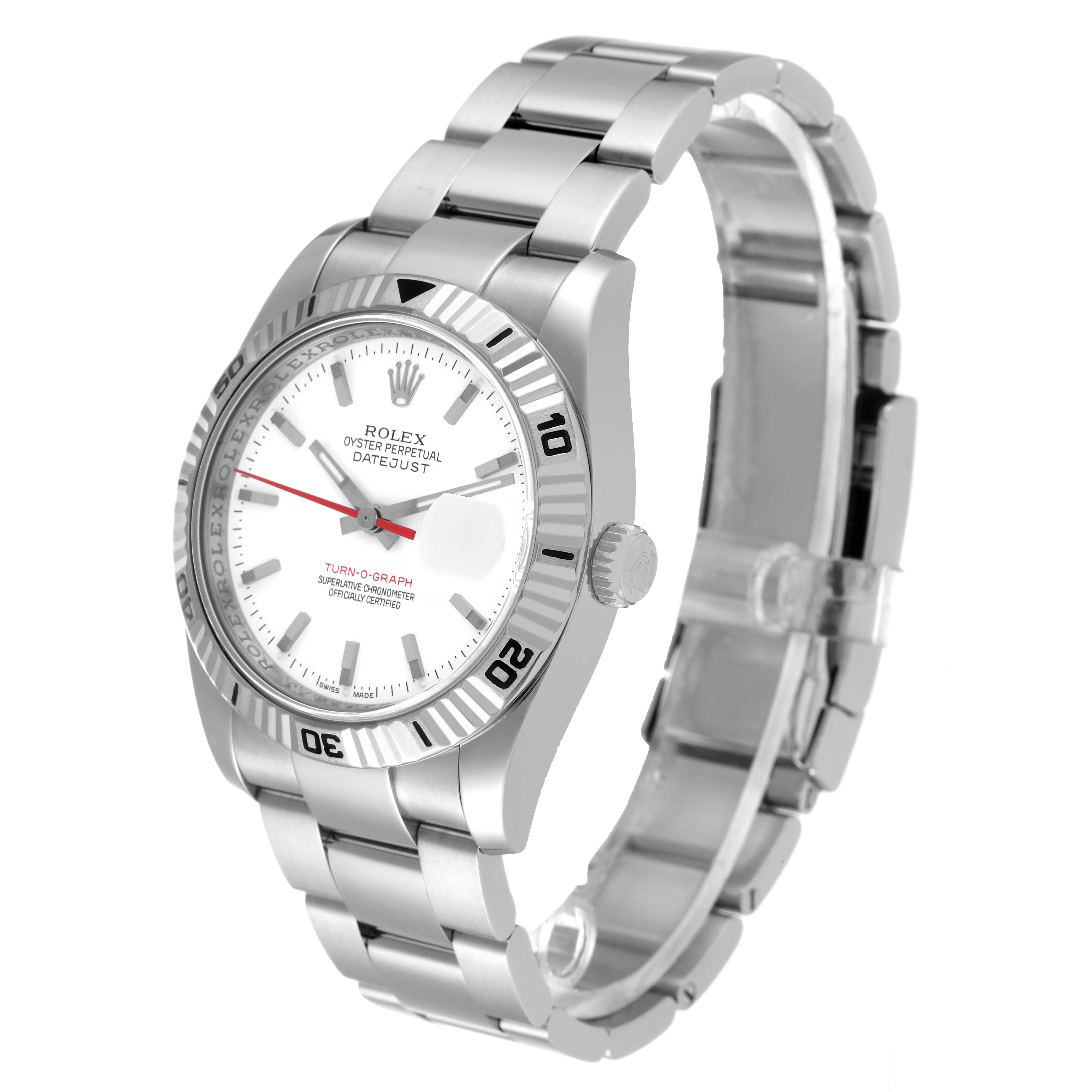 The image shows a Rolex Turn-o-Graph 116264 Men's Stainless Steel White Dial 116264 Men's Stainless Steel White Dial watch at a slight angle, highlighting the dial, bezel, crown, and bracelet.