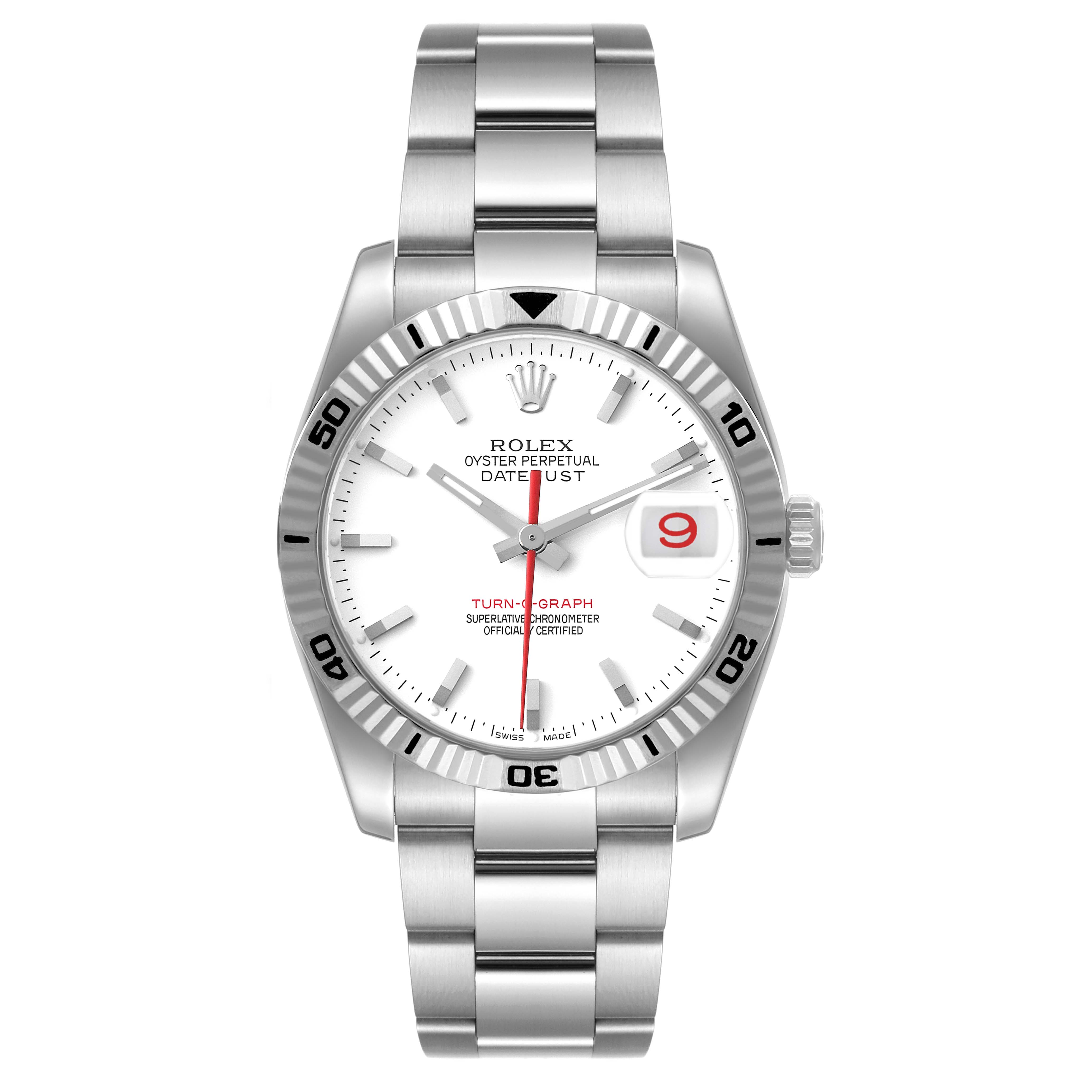 The image shows a front view of a Rolex Turn-o-Graph 116264 Men's Stainless Steel White Dial 116264 Men's Stainless Steel White Dial watch, displaying the dial, bezel, hands, and bracelet.