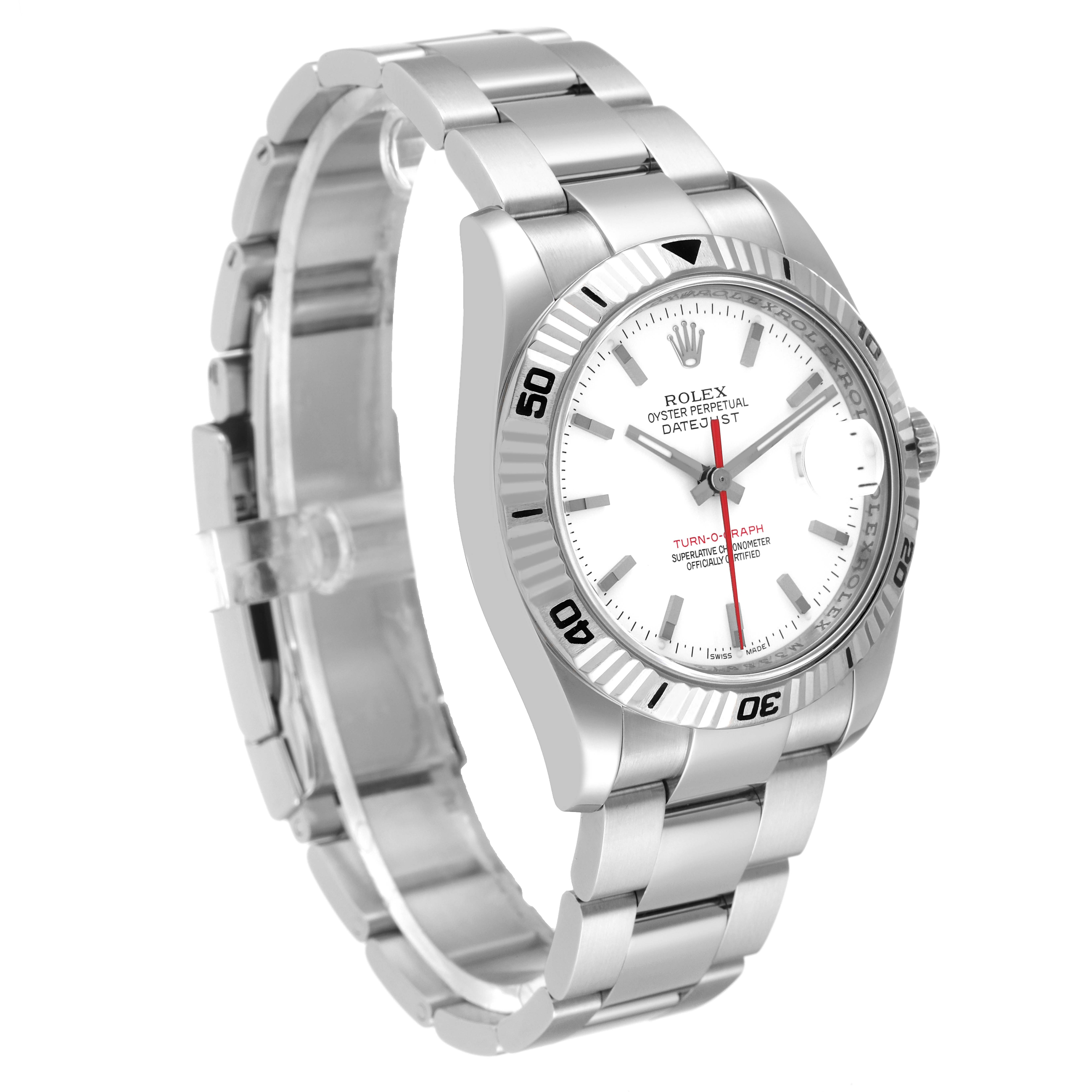 The Rolex Turn-o-Graph 116264 Men's Stainless Steel White Dial 116264 Men's Stainless Steel White Dial watch is shown at a three-quarter angle, displaying the dial, bezel, and bracelet.