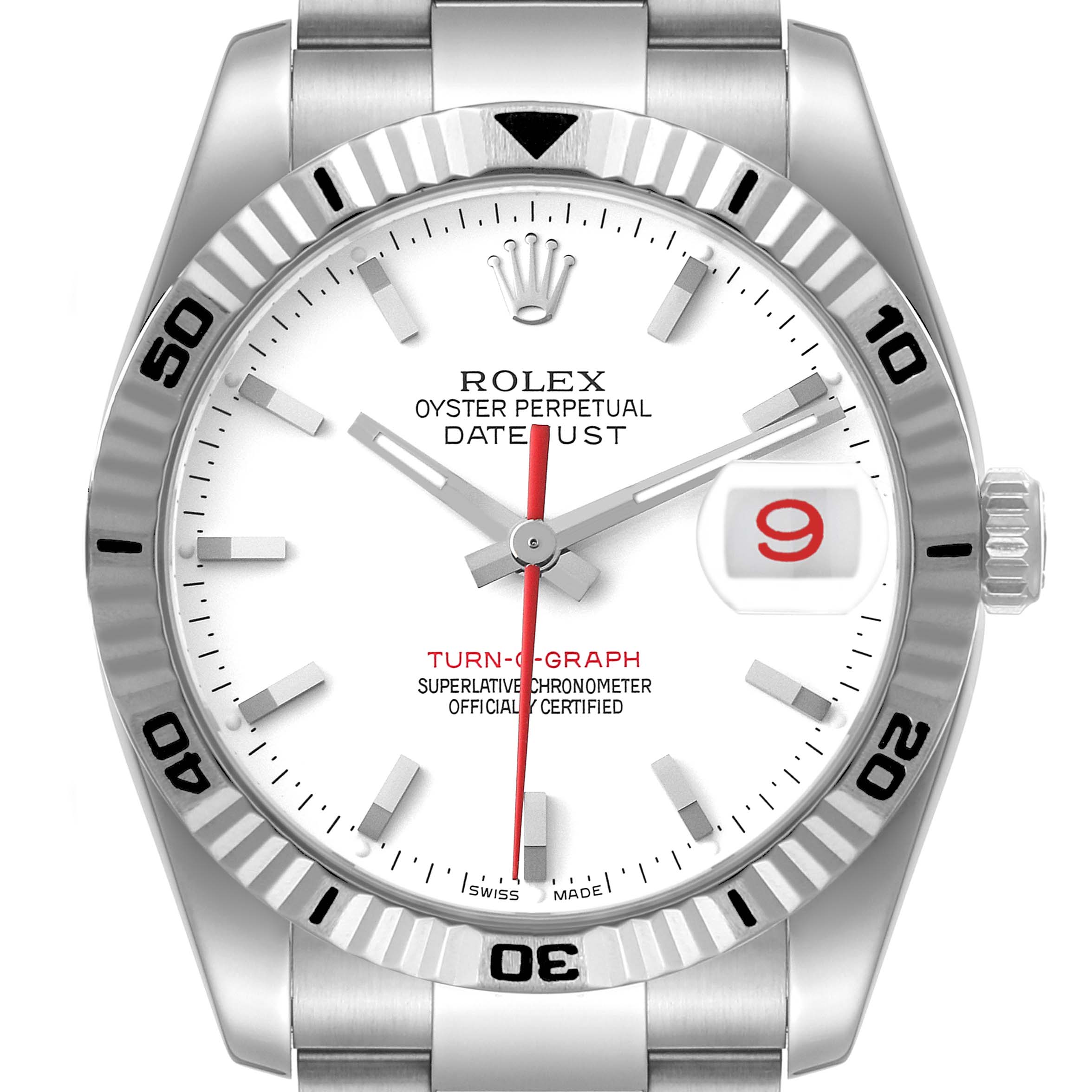 The image shows a frontal view of the Rolex Turn-o-Graph 116264 Men's Stainless Steel White Dial 116264 Men's Stainless Steel White Dial watch, highlighting its dial, bezel, crown, and bracelet parts.