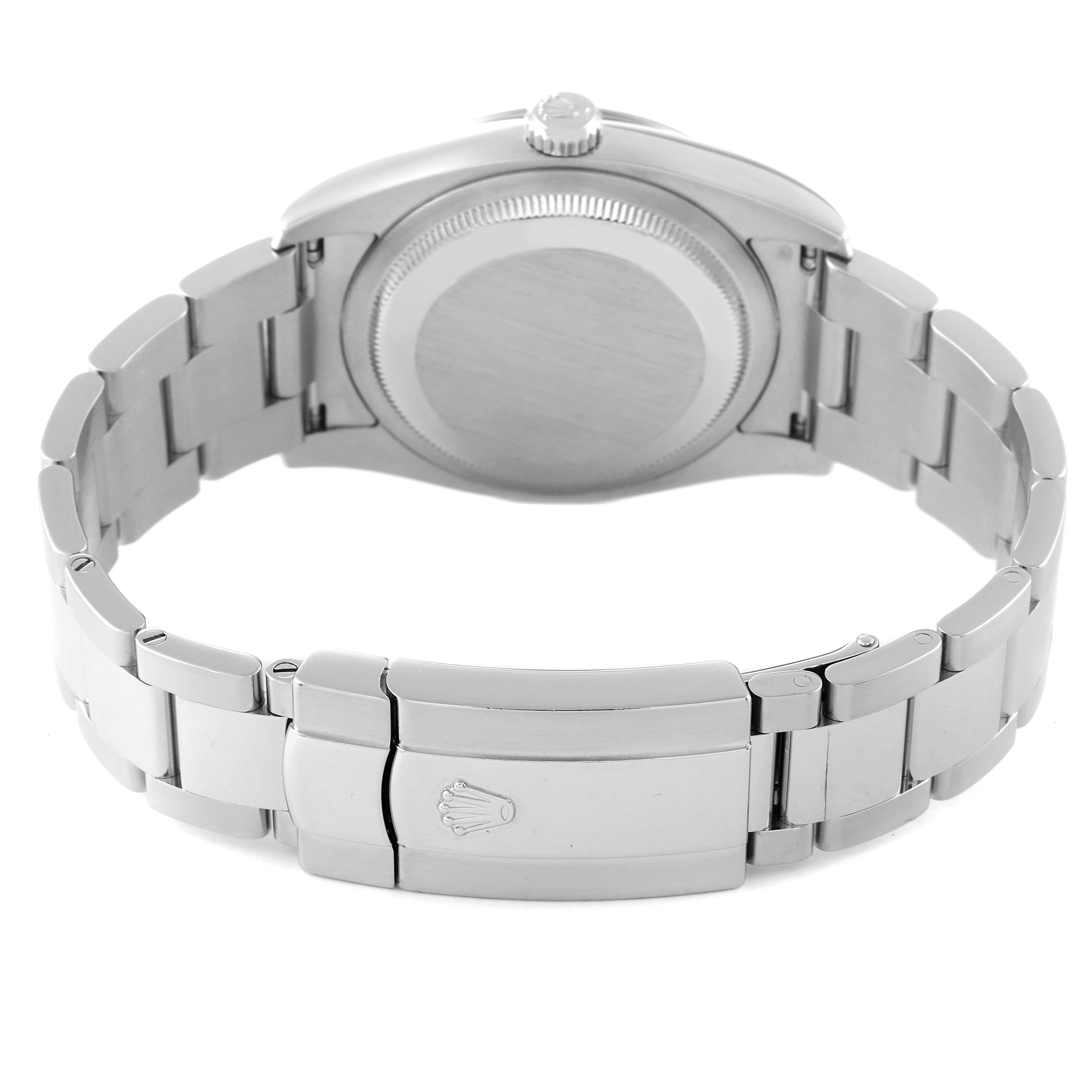 This image shows the back of a Rolex Turn-o-Graph 116264 Men's Stainless Steel White Dial 116264 Men's Stainless Steel White Dial watch, highlighting the case back and deployment clasp.