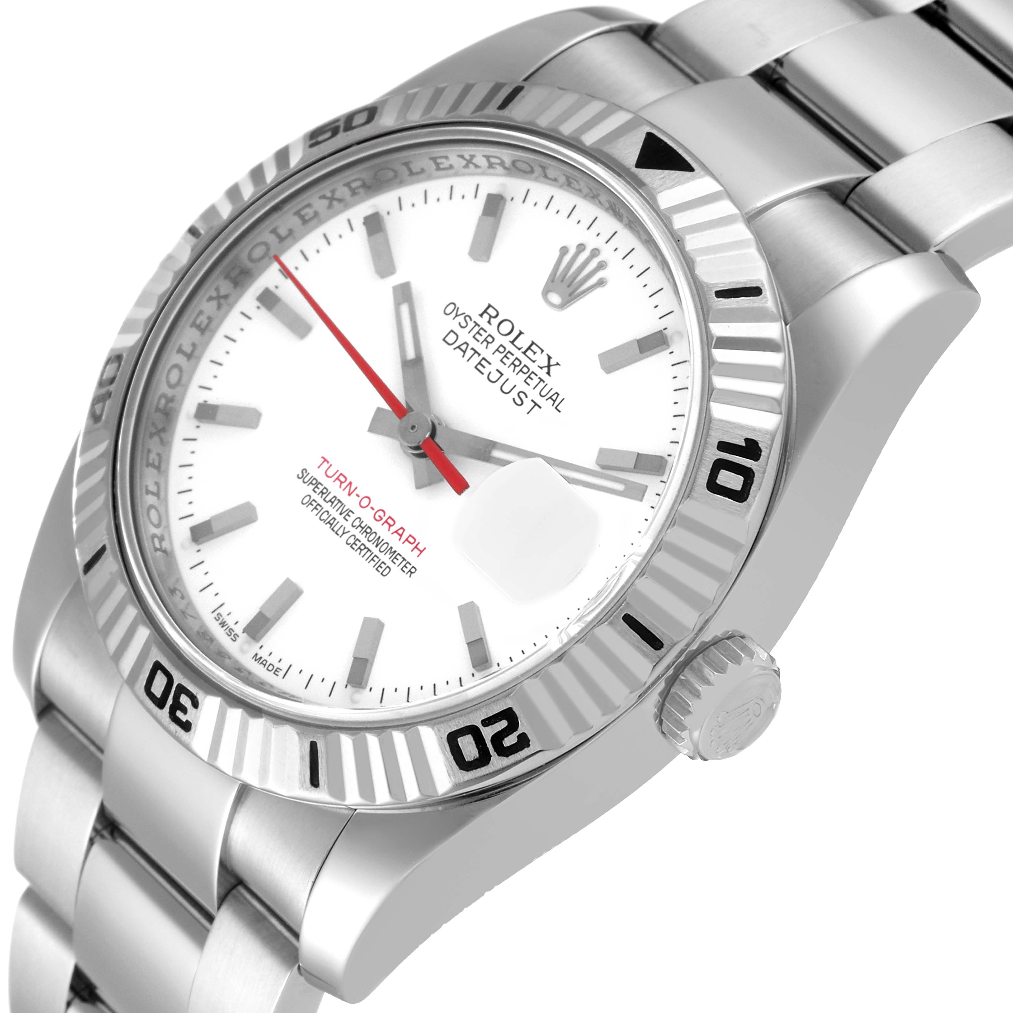 This image displays a three-quarter angle view of the Rolex Turn-o-Graph 116264 Men's Stainless Steel White Dial 116264 Men's Stainless Steel White Dial watch, showing its face, bezel, crown, and bracelet.