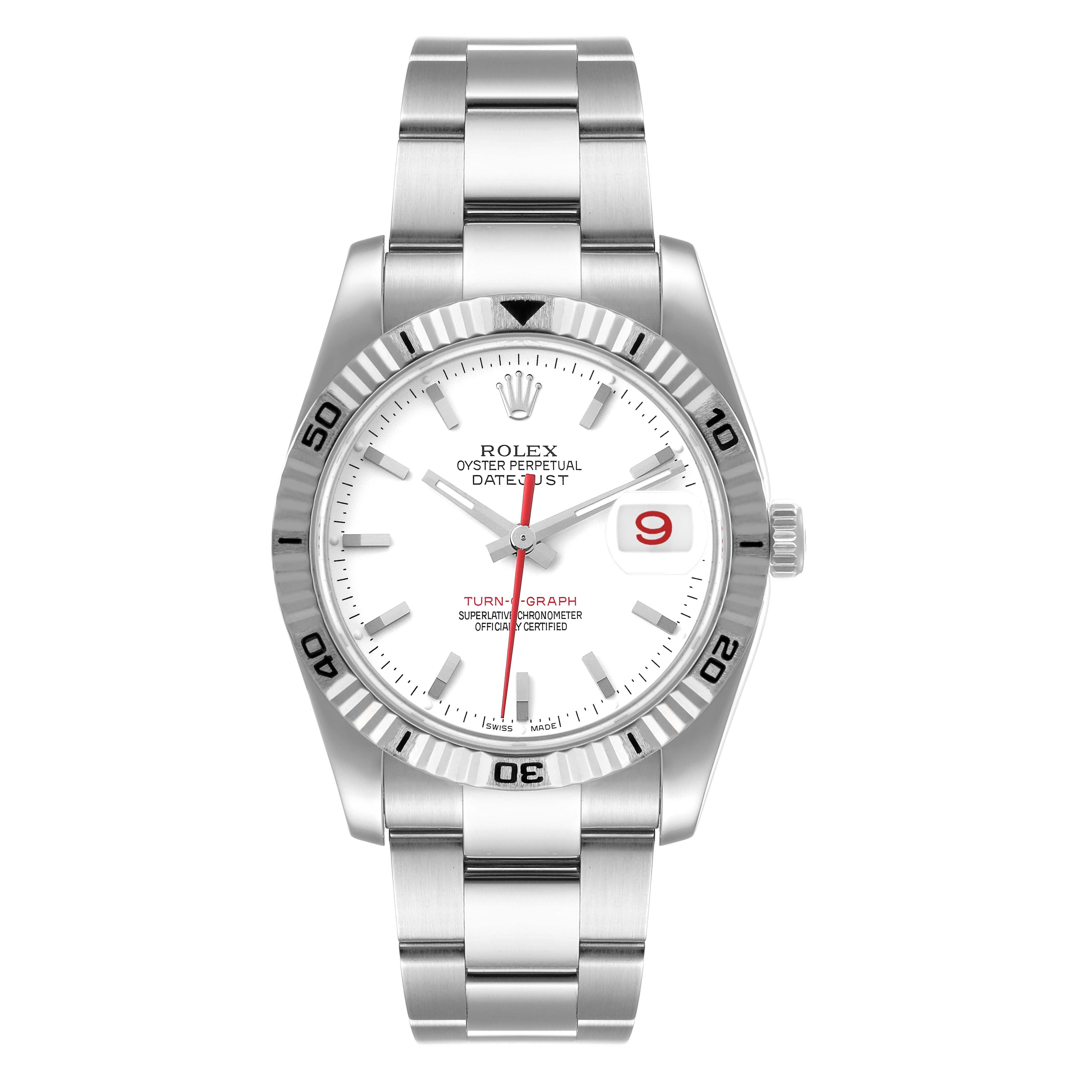 This image shows the front of the Rolex Turn-o-Graph 116264 Men's Stainless Steel White Dial 116264 Men's Stainless Steel White Dial watch, highlighting its dial, bezel, and bracelet.