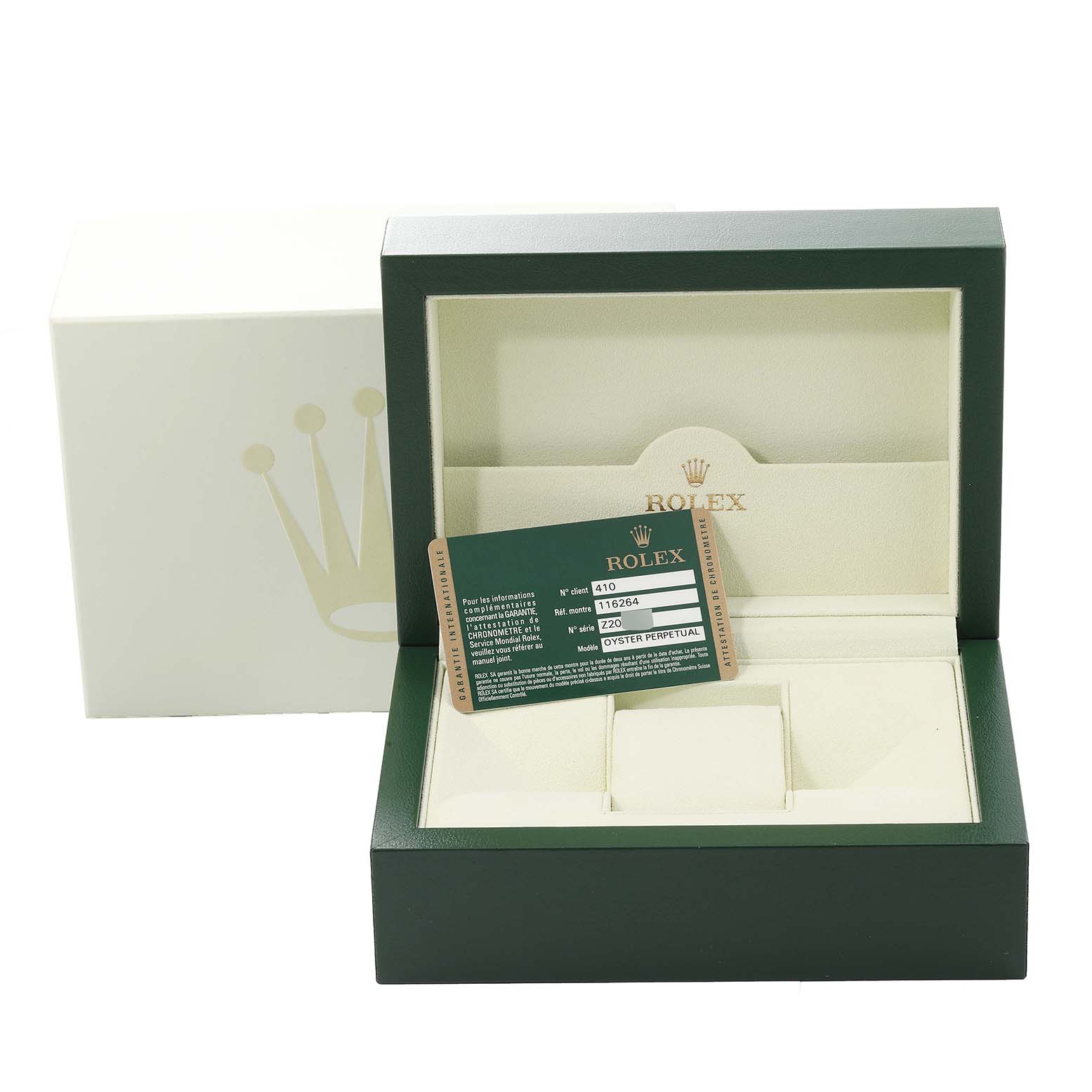 This image shows the open packaging box for a Rolex Turn-o-Graph 116264 Men's Stainless Steel White Dial 116264 Men's Stainless Steel White Dial watch, alongside a warranty/authentication card.