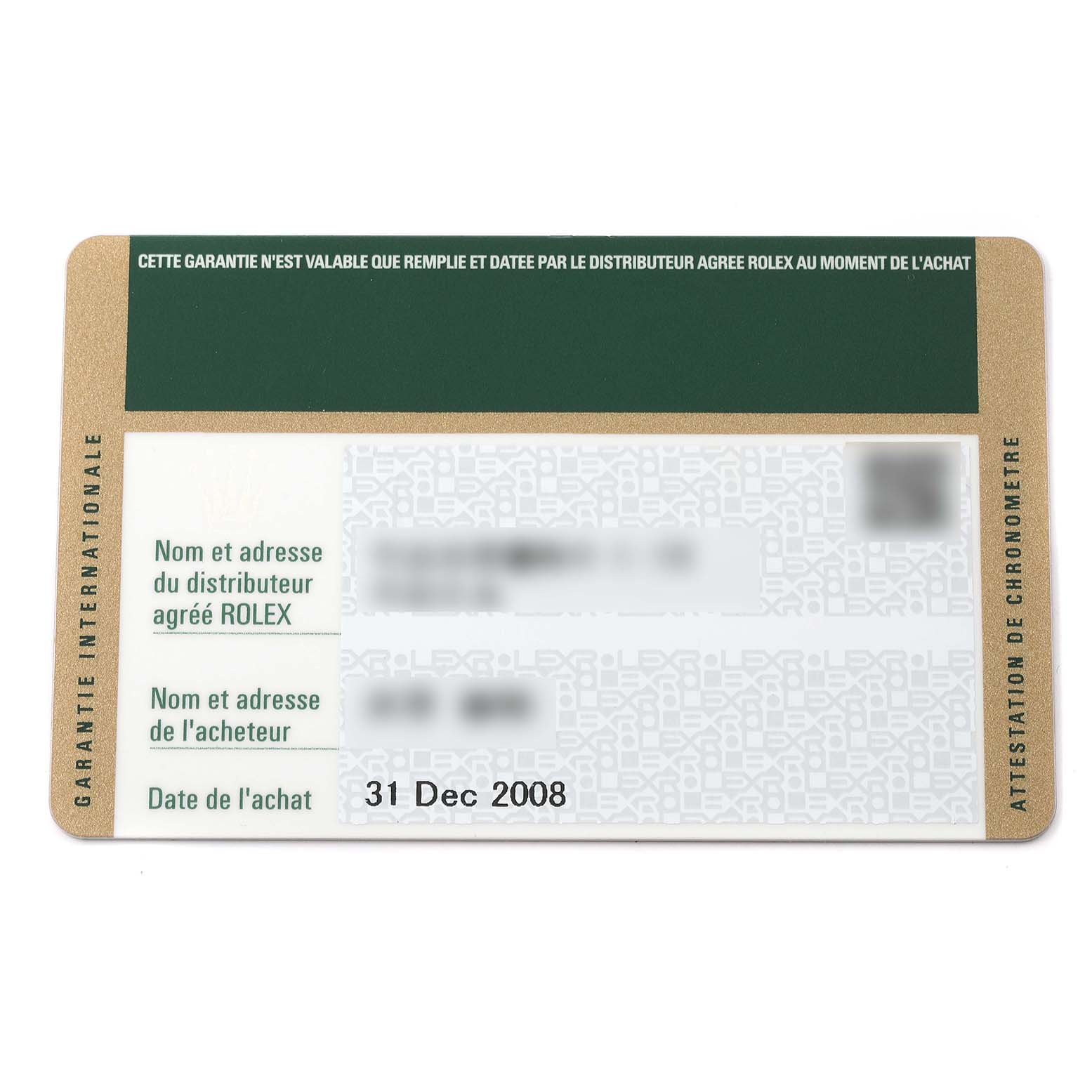 This image shows the front of an international guarantee card for a Rolex Turn-o-Graph 116264 Men's Stainless Steel White Dial 116264 Men's Stainless Steel White Dial, dated 31 Dec 2008.