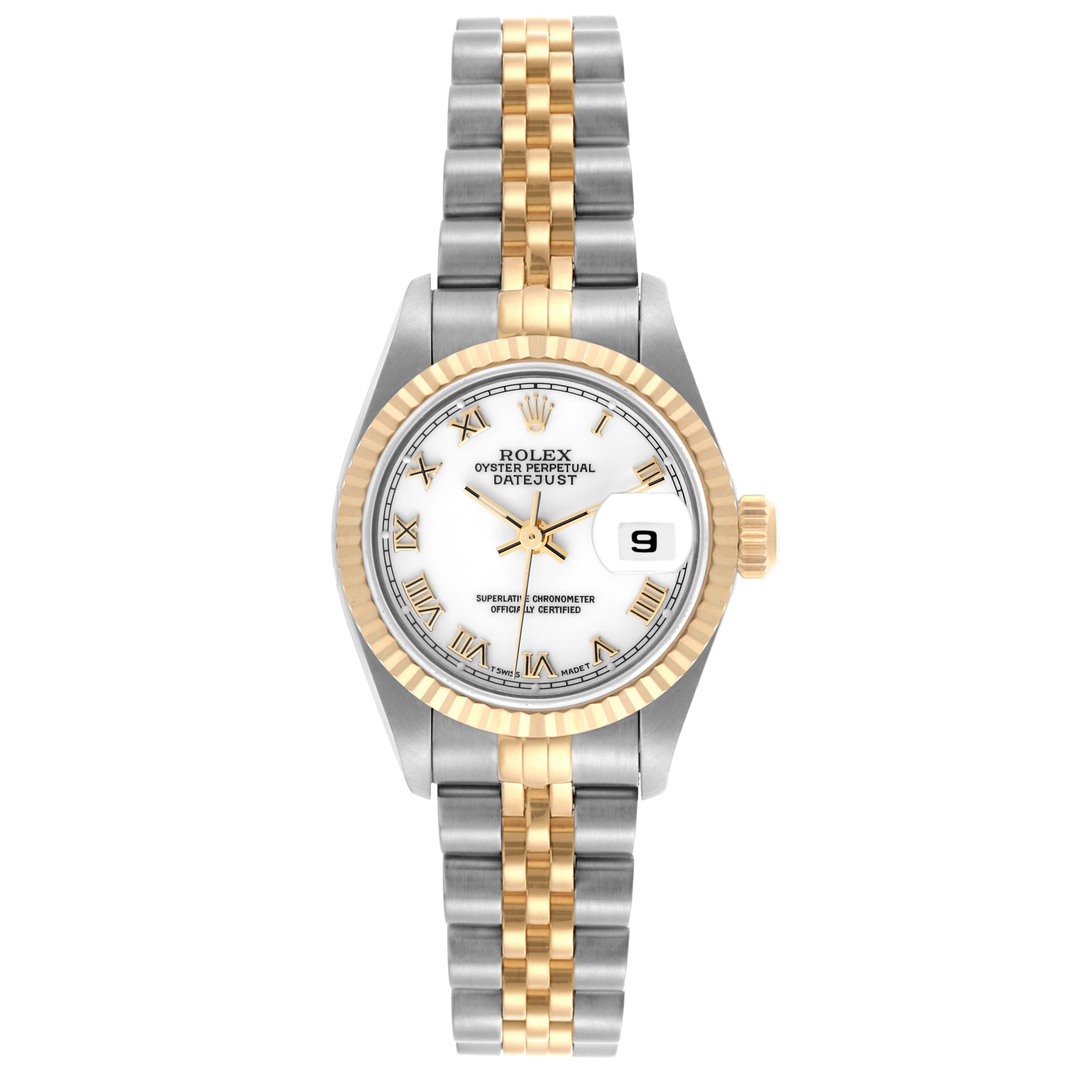 The Rolex Datejust 69173 Women's Steel and Gold (two tone) White Dial 69173 Women's Steel and Gold (two tone) White Dial watch is shown from a top-down view, displaying its face, bezel, and bracelet.