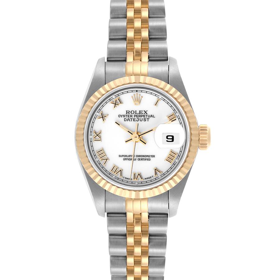 The Rolex Datejust watch is shown front-facing, displaying the dial, two-tone band, and fluted bezel.