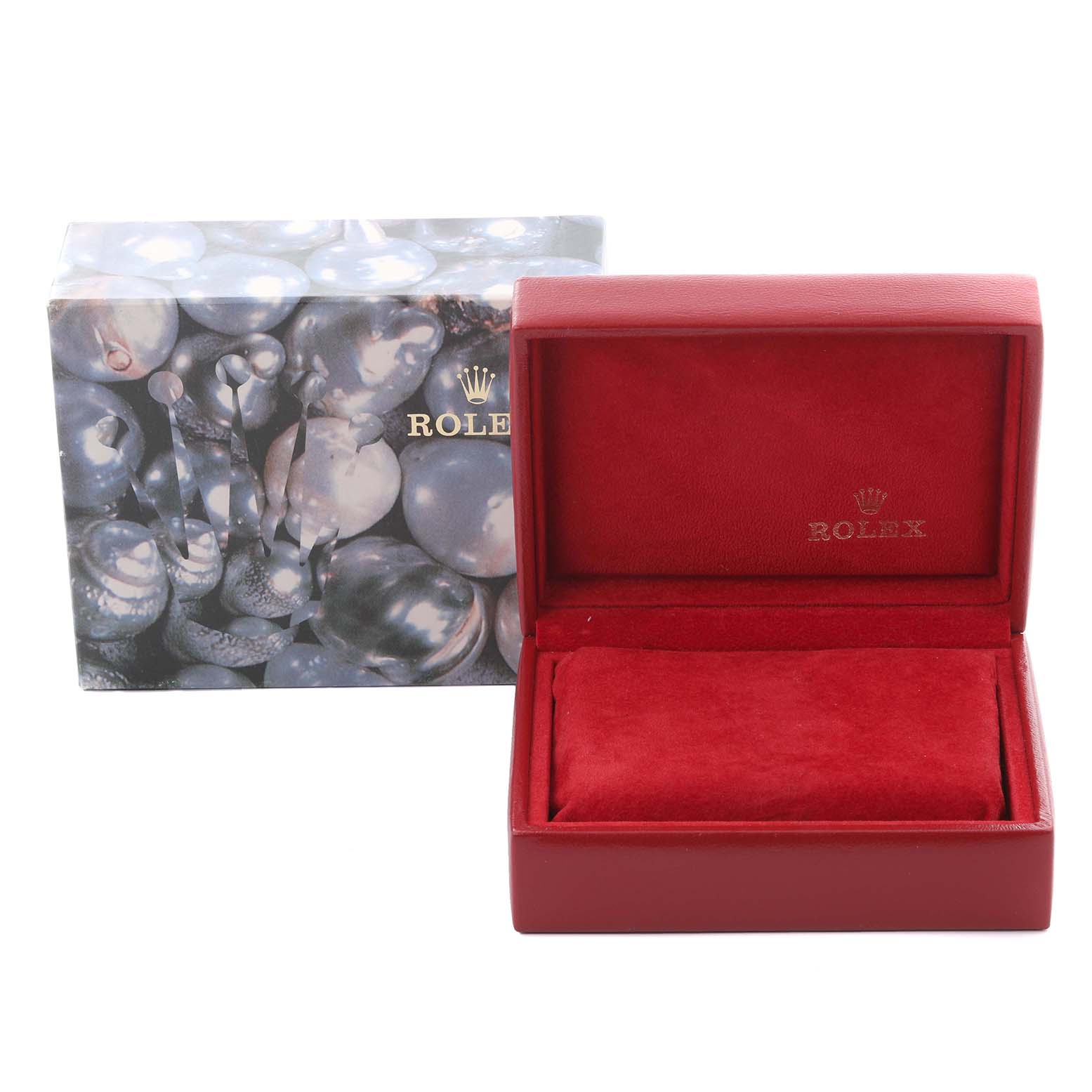 The image shows a red Rolex Datejust 69173 Women's Steel and Gold (two tone) White Dial 69173 Women's Steel and Gold (two tone) White Dial watch box and outer packaging from a front angle.