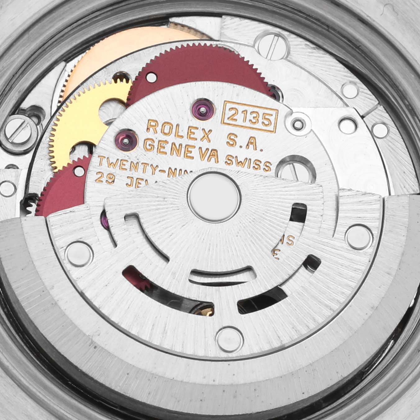 The image shows the movement and gears of a Rolex Datejust 69173 Women's Steel and Gold (two tone) White Dial 69173 Women's Steel and Gold (two tone) White Dial, emphasizing its internal mechanics.