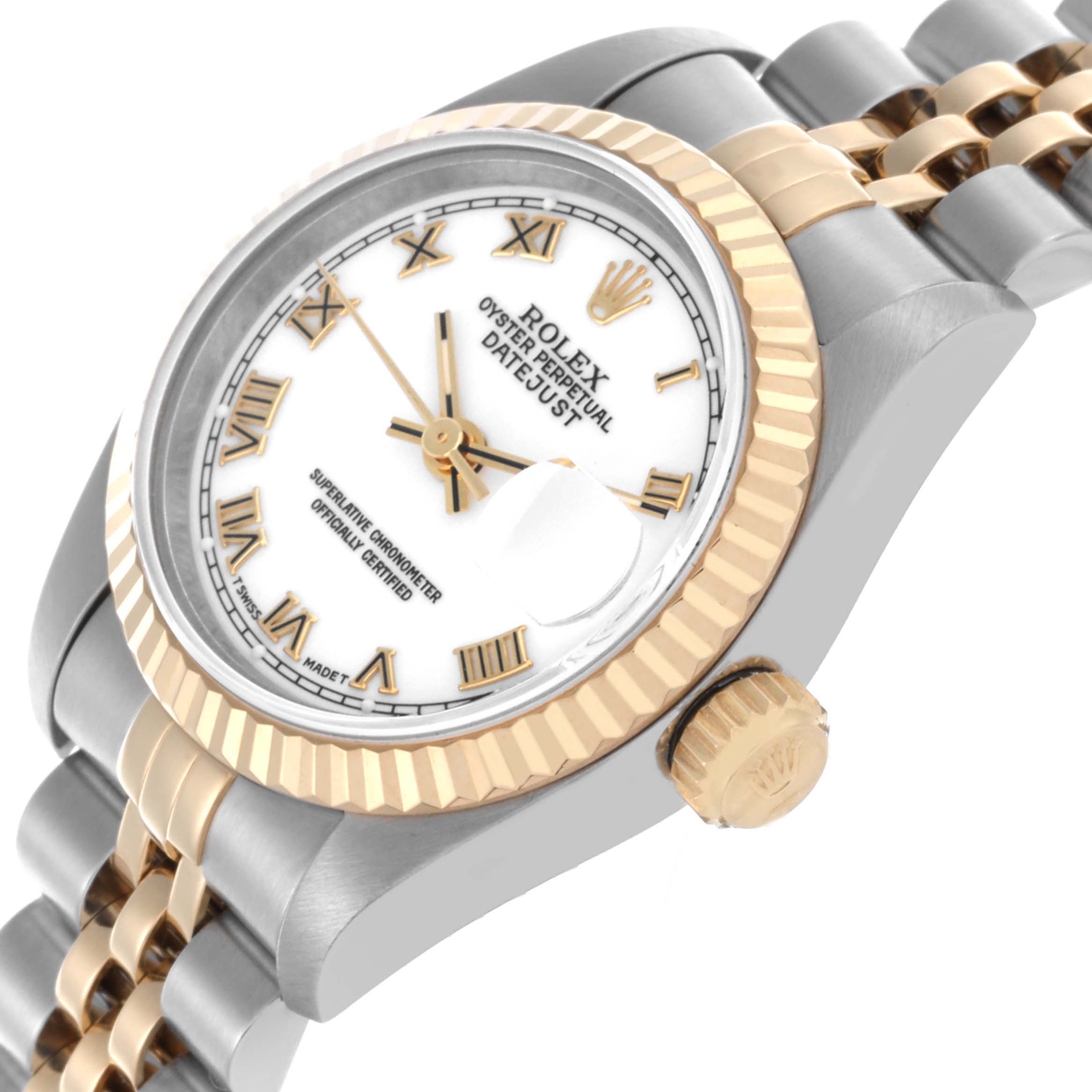 The Rolex Datejust 69173 Women's Steel and Gold (two tone) White Dial 69173 Women's Steel and Gold (two tone) White Dial watch is shown at a side angle, displaying the bezel, crown, and part of the bracelet.
