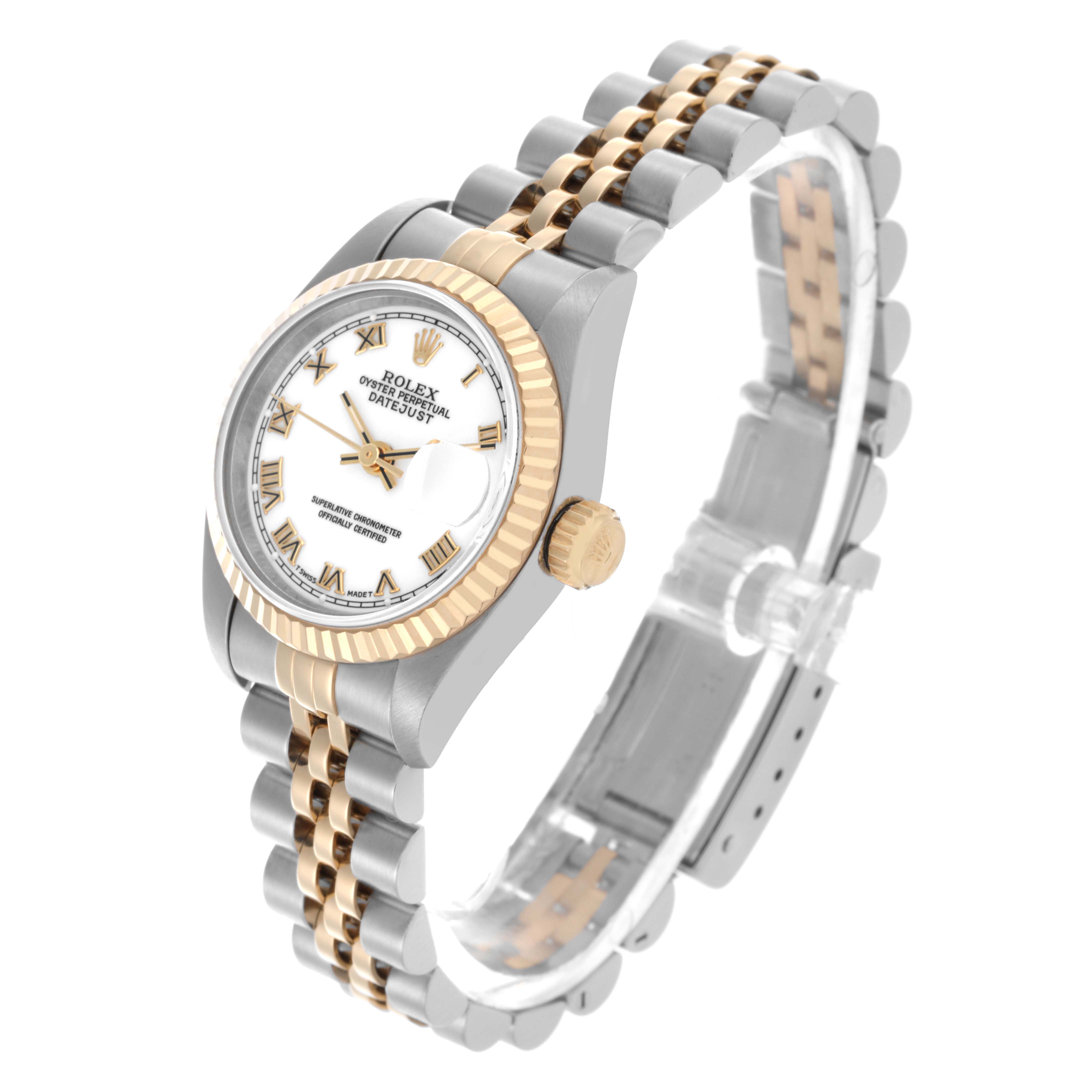 The Rolex Datejust 69173 Women's Steel and Gold (two tone) White Dial 69173 Women's Steel and Gold (two tone) White Dial watch is shown at an angled view highlighting the face, fluted bezel, and two-tone bracelet.