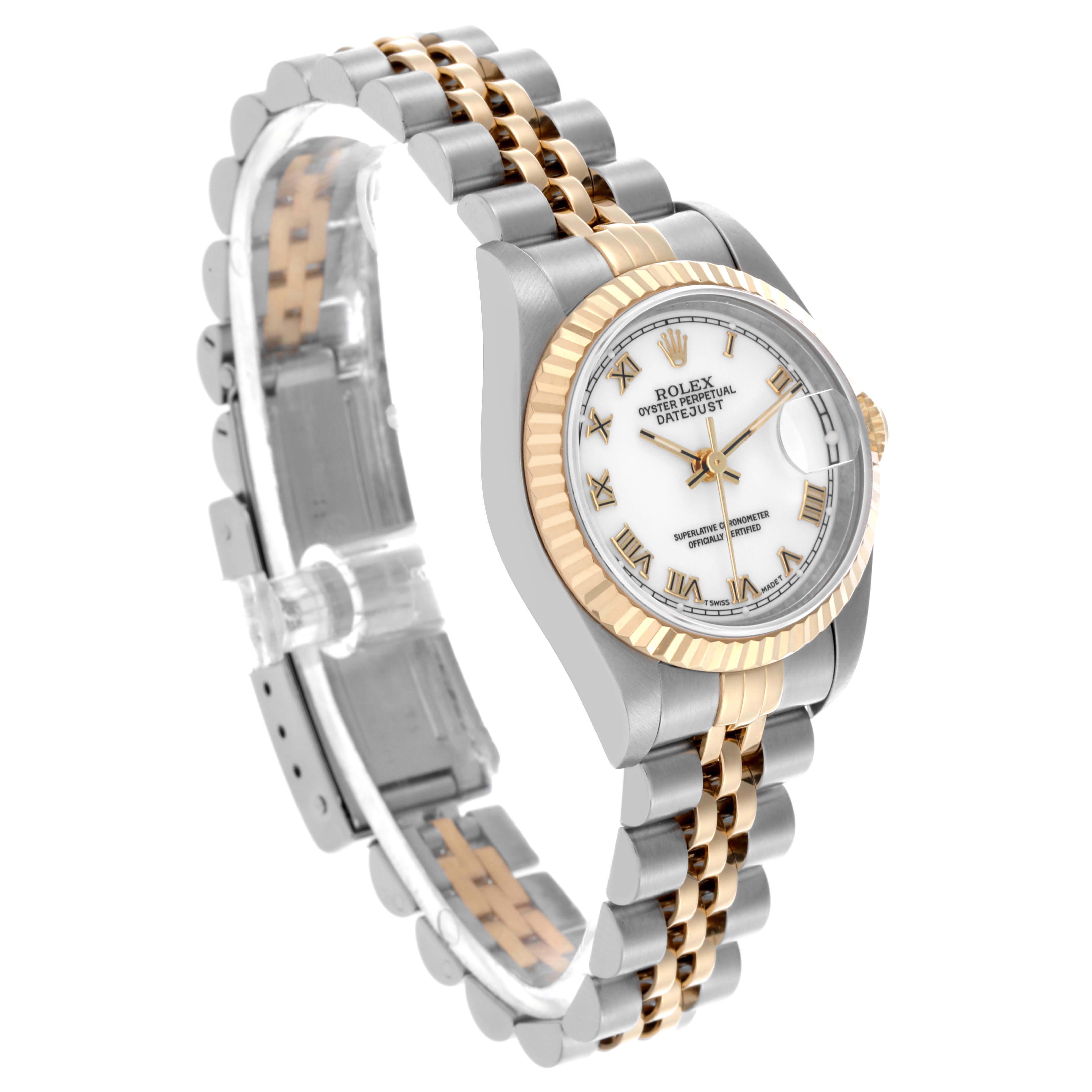 The Rolex Datejust 69173 Women's Steel and Gold (two tone) White Dial 69173 Women's Steel and Gold (two tone) White Dial watch is shown at an angled view, highlighting its bezel, dial, and two-tone bracelet.