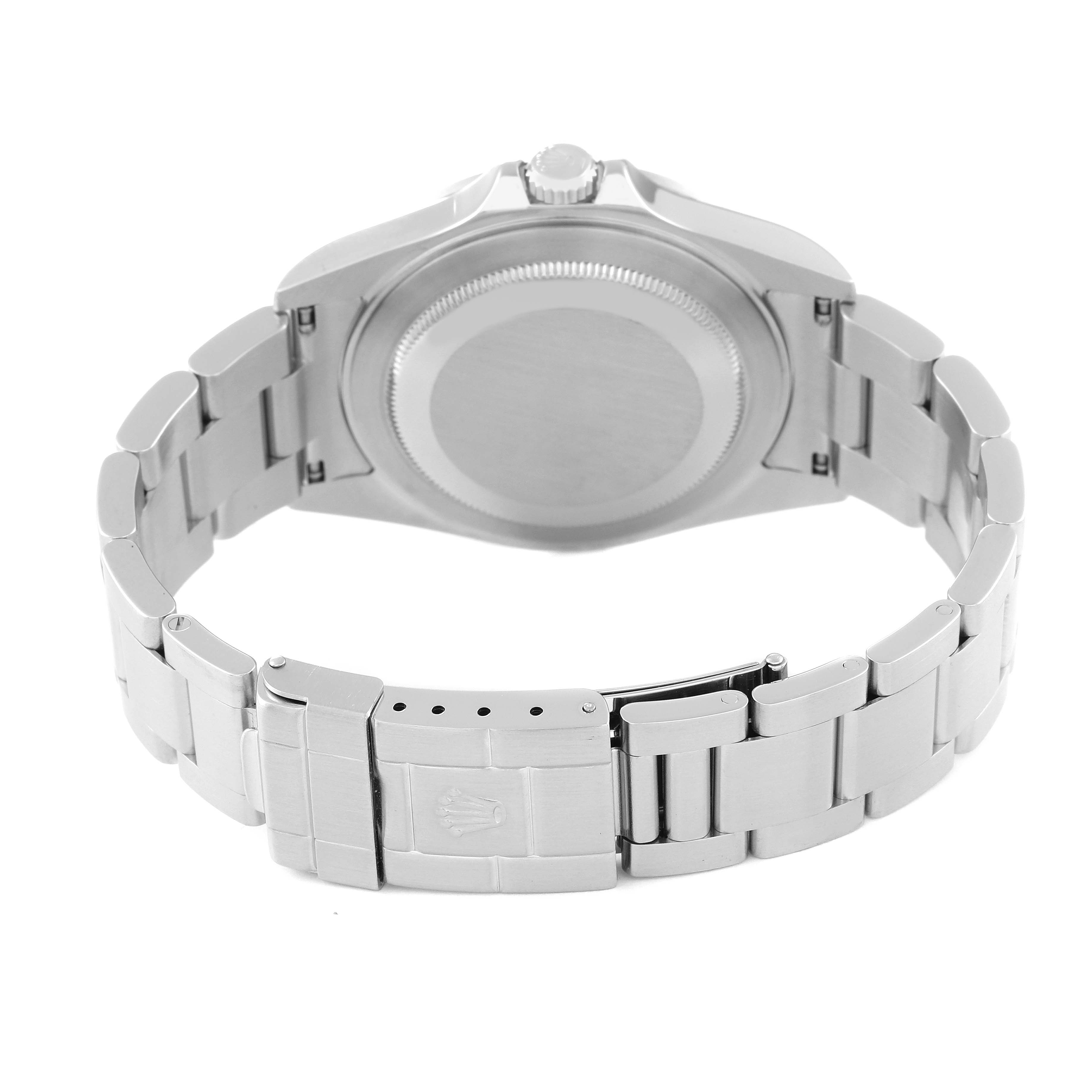 The image shows the back view of a Rolex Explorer 16570 Men
s Stainless Steel White Dial 16570 Men
s Stainless Steel White Dial watch, highlighting its case back and bracelet clasp.