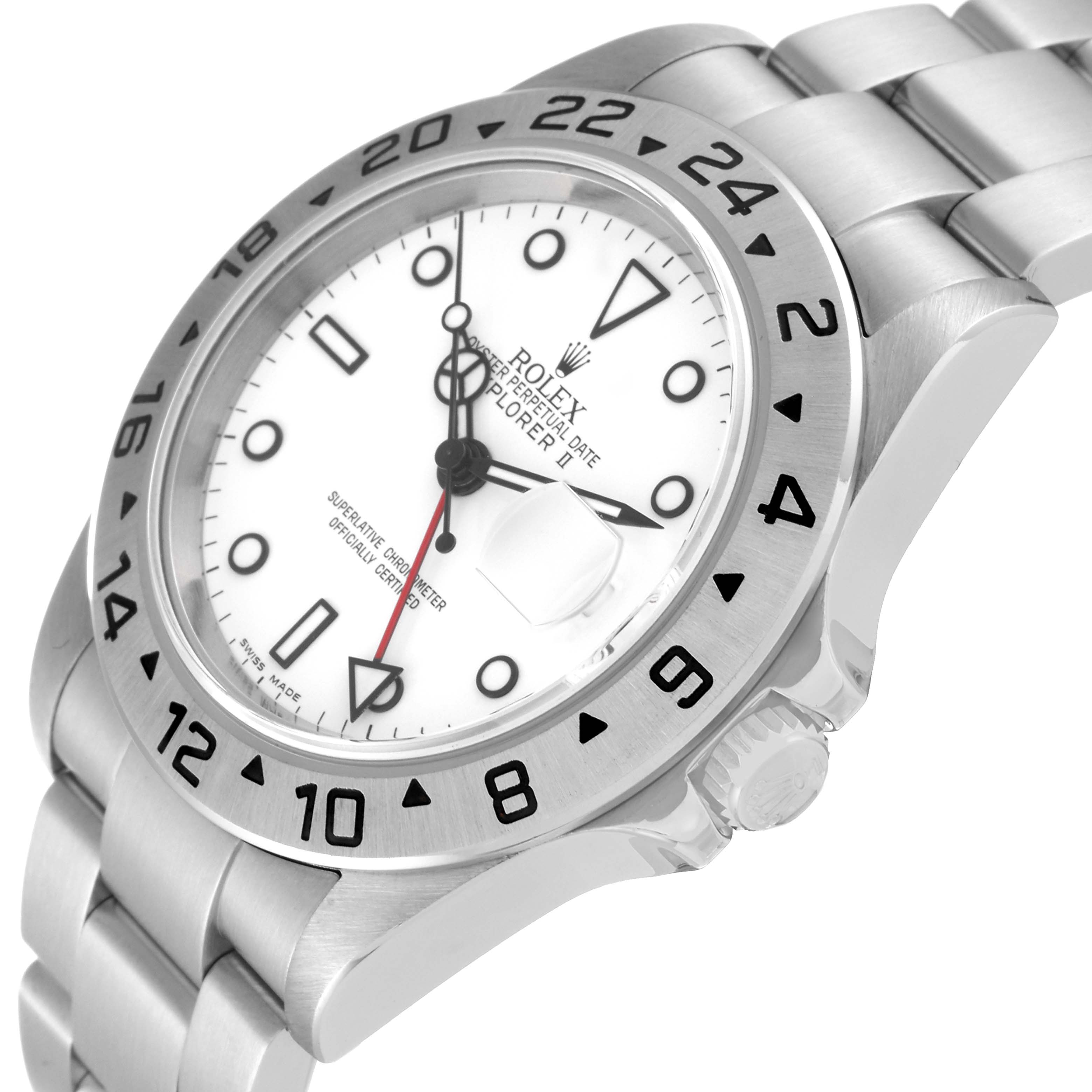 This image shows a side angle of the Rolex Explorer 16570 Men
s Stainless Steel White Dial 16570 Men
s Stainless Steel White Dial watch, highlighting the dial, bezel, crown, and part of the bracelet.