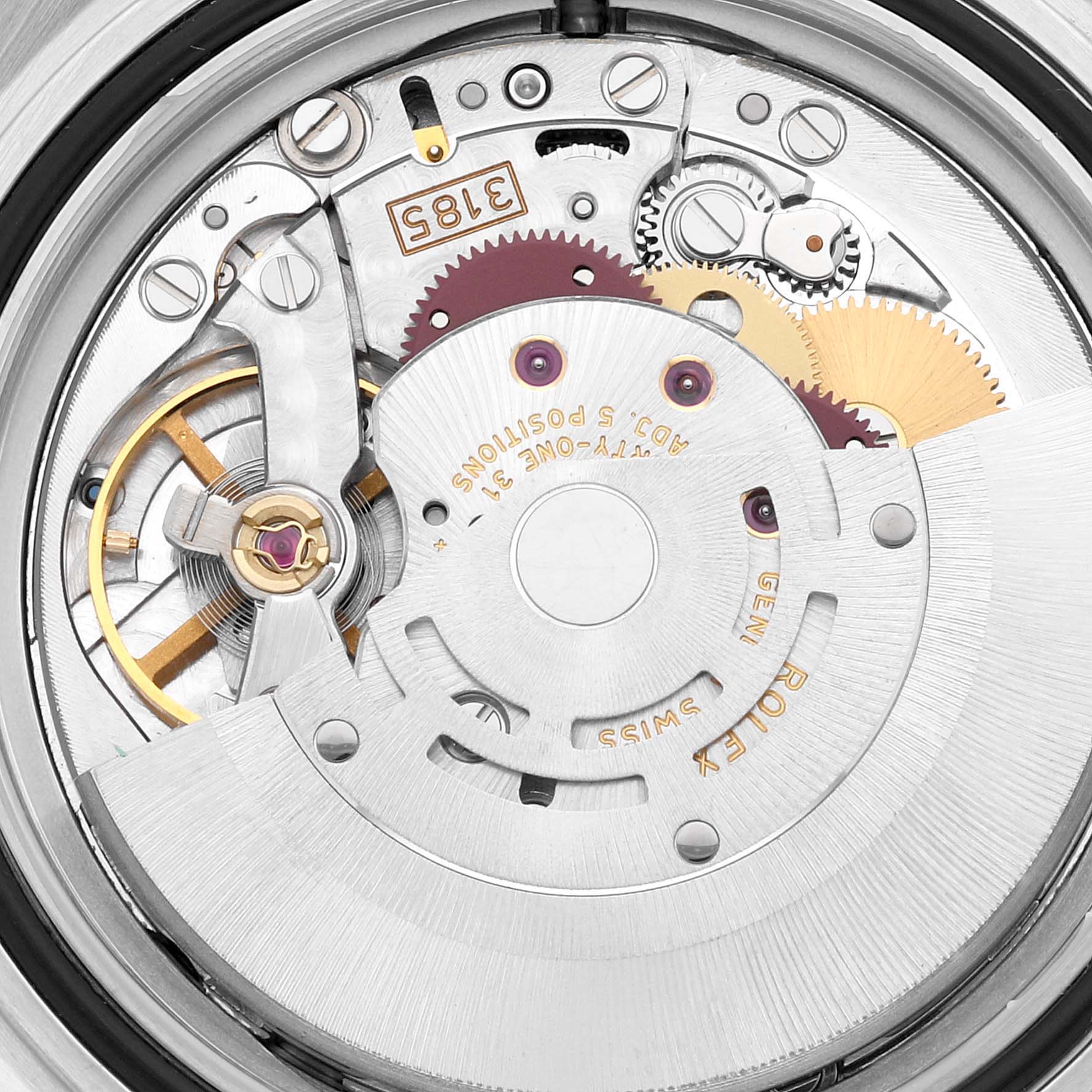 The image shows a close-up view of the internal mechanism of a Rolex Explorer 16570 Men
s Stainless Steel White Dial 16570 Men
s Stainless Steel White Dial watch, highlighting the gears and movement components.
