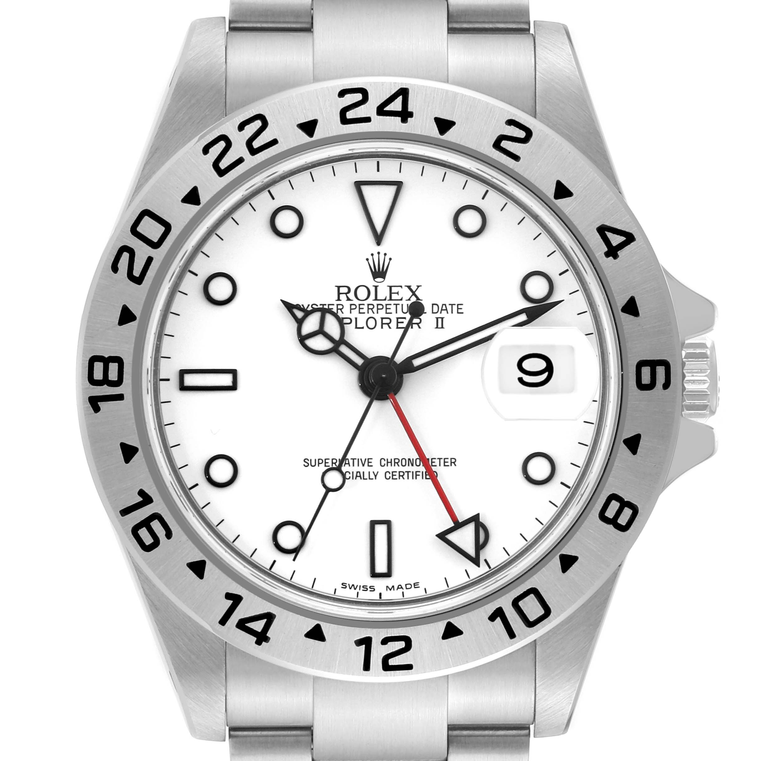This image shows a front view of the Rolex Explorer 16570 Men
s Stainless Steel White Dial 16570 Men
s Stainless Steel White Dial watch, displaying the dial, bezel, and bracelet.
