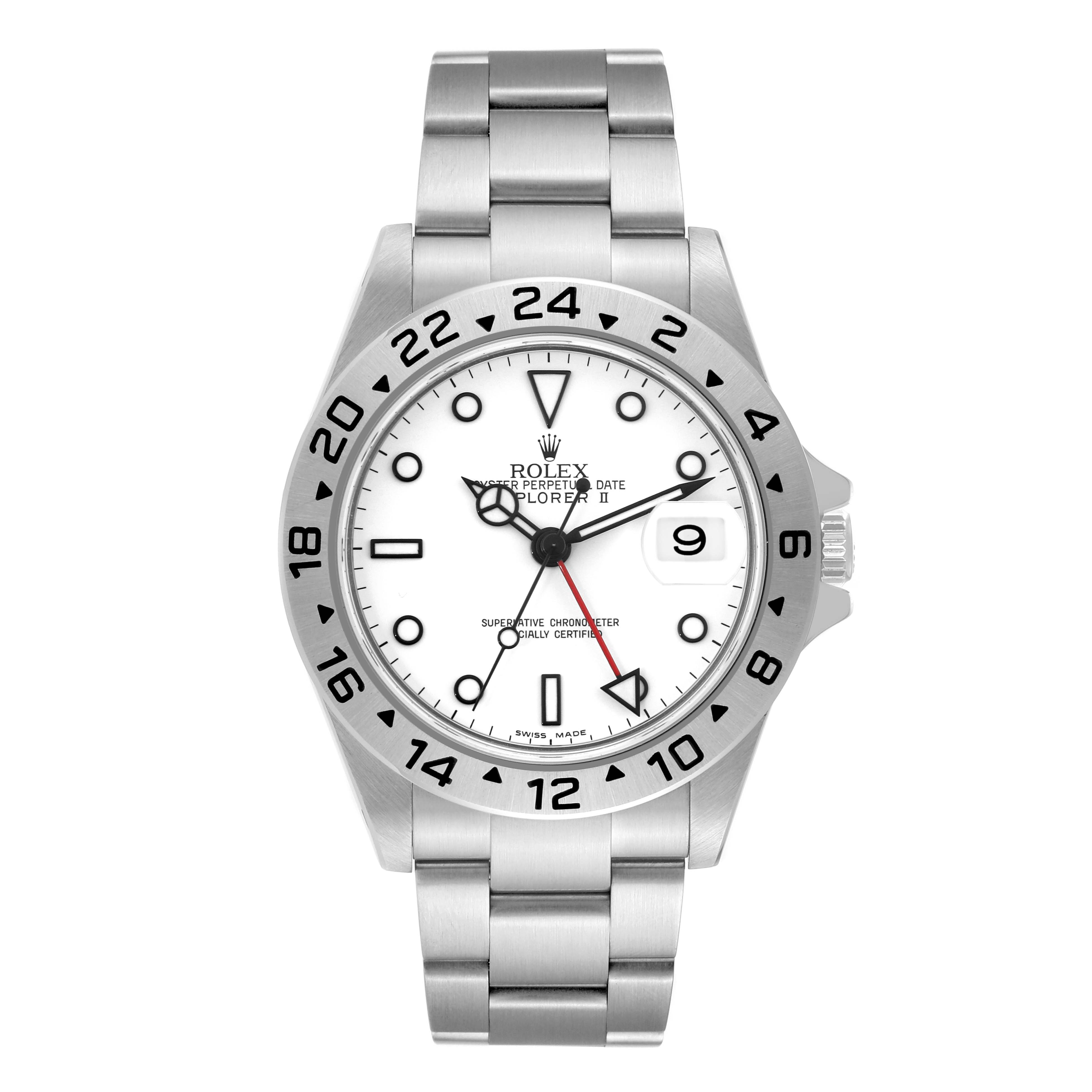 This Rolex Explorer 16570 Men
s Stainless Steel White Dial 16570 Men
s Stainless Steel White Dial model watch is shown from a top-down angle, displaying its face, bezel, and bracelet.