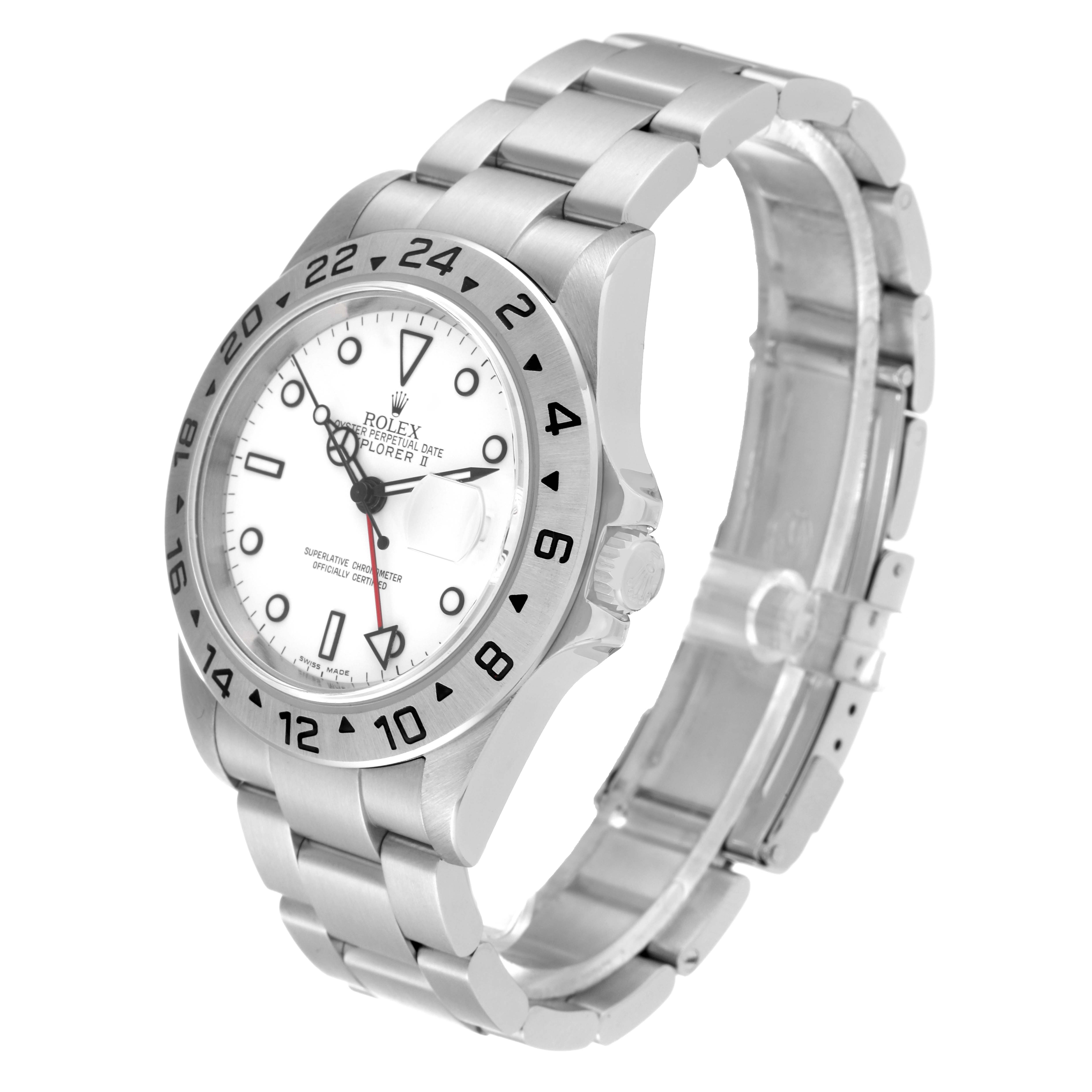 The image shows a side angle of the Rolex Explorer 16570 Men
s Stainless Steel White Dial 16570 Men
s Stainless Steel White Dial watch, highlighting the face, bezel, and bracelet.