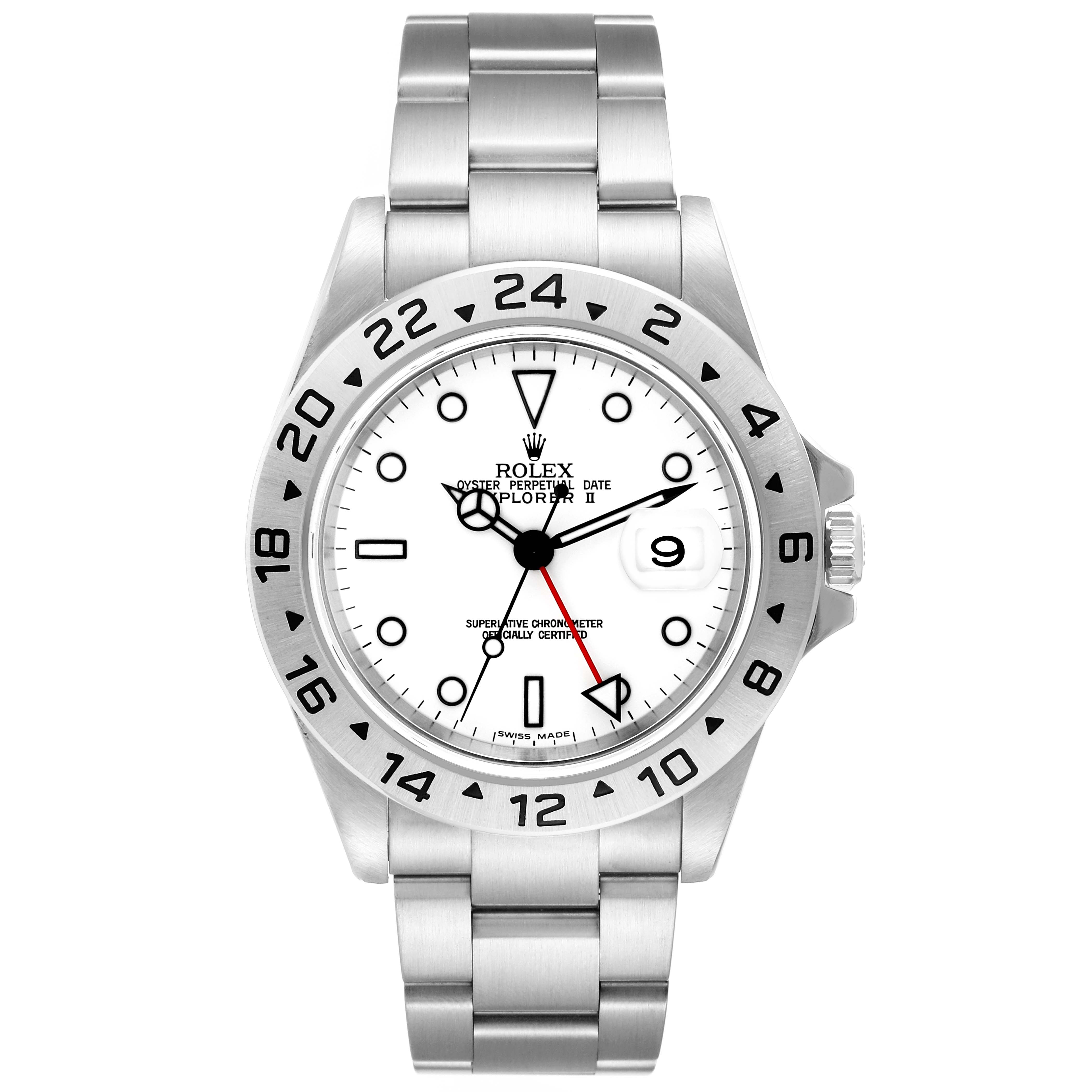 The Rolex Explorer 16570 Men
s Stainless Steel White Dial 16570 Men
s Stainless Steel White Dial watch is shown from the front, displaying its face, bezel, crown, and bracelet.