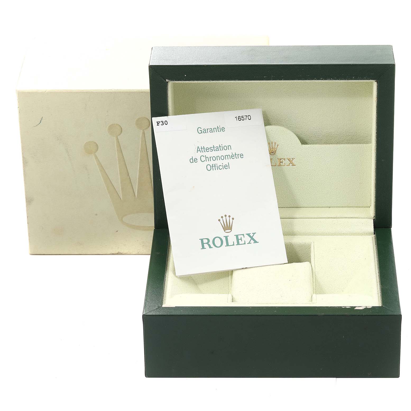 The image shows a Rolex Explorer 16570 Men
s Stainless Steel White Dial 16570 Men
s Stainless Steel White Dial watch box and warranty card from a front angle.