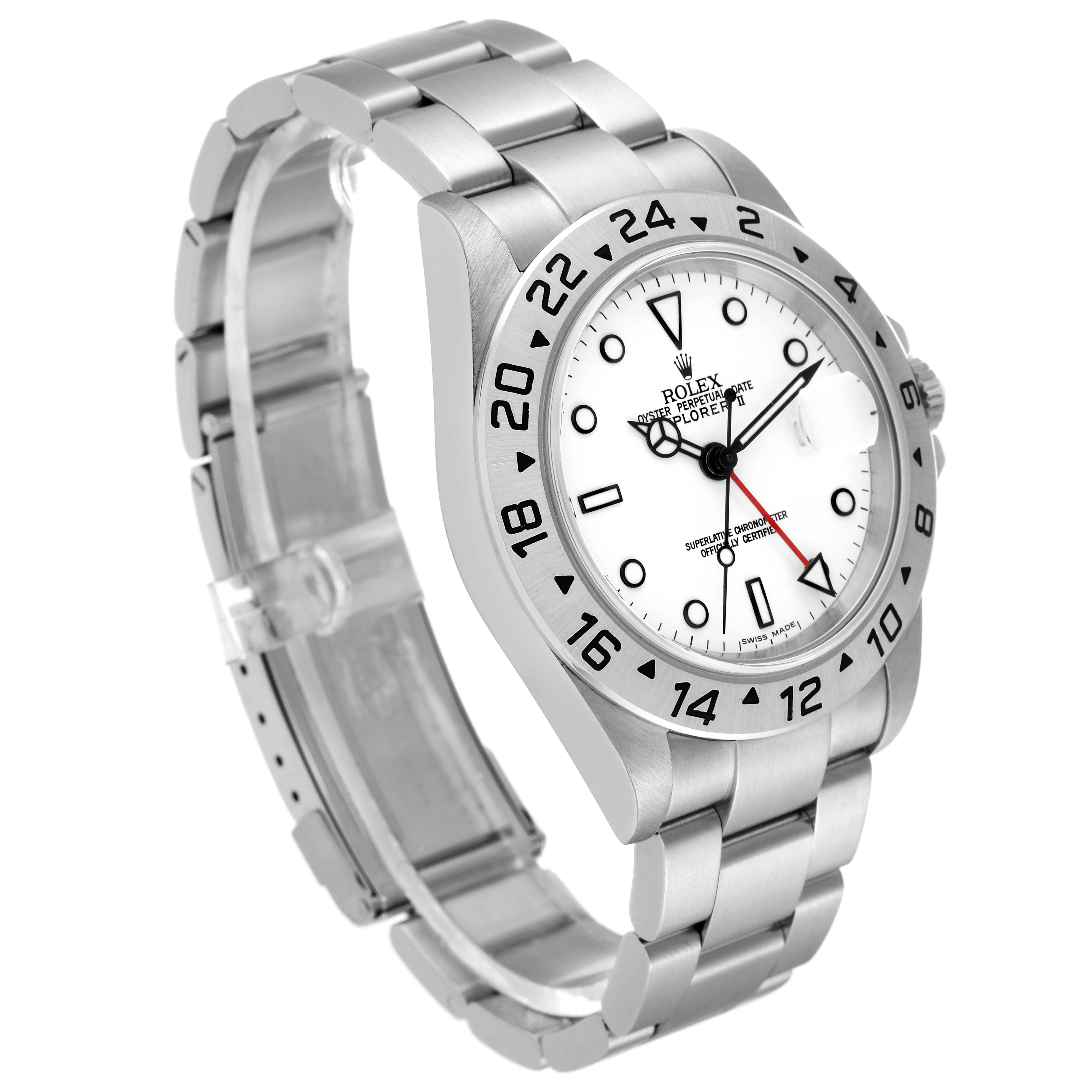 The watch is a Rolex Explorer 16570 Men
s Stainless Steel White Dial 16570 Men
s Stainless Steel White Dial model shown from an angled view, displaying the face, bezel, and stainless steel bracelet.