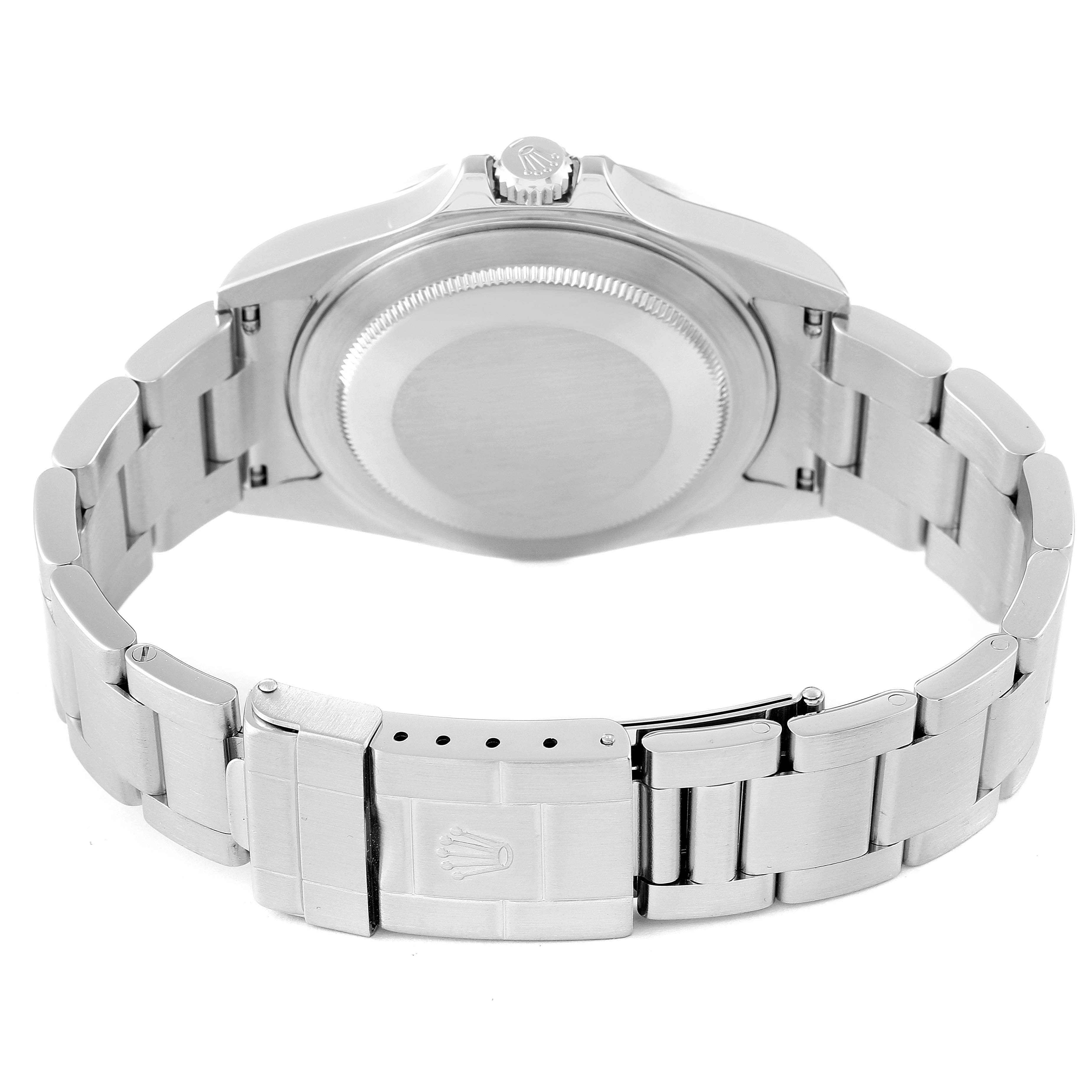 The image shows the back view of a Rolex Explorer 16570 Men
s Stainless Steel White Dial 16570 Men
s Stainless Steel White Dial watch, highlighting the bracelet, clasp, and caseback.
