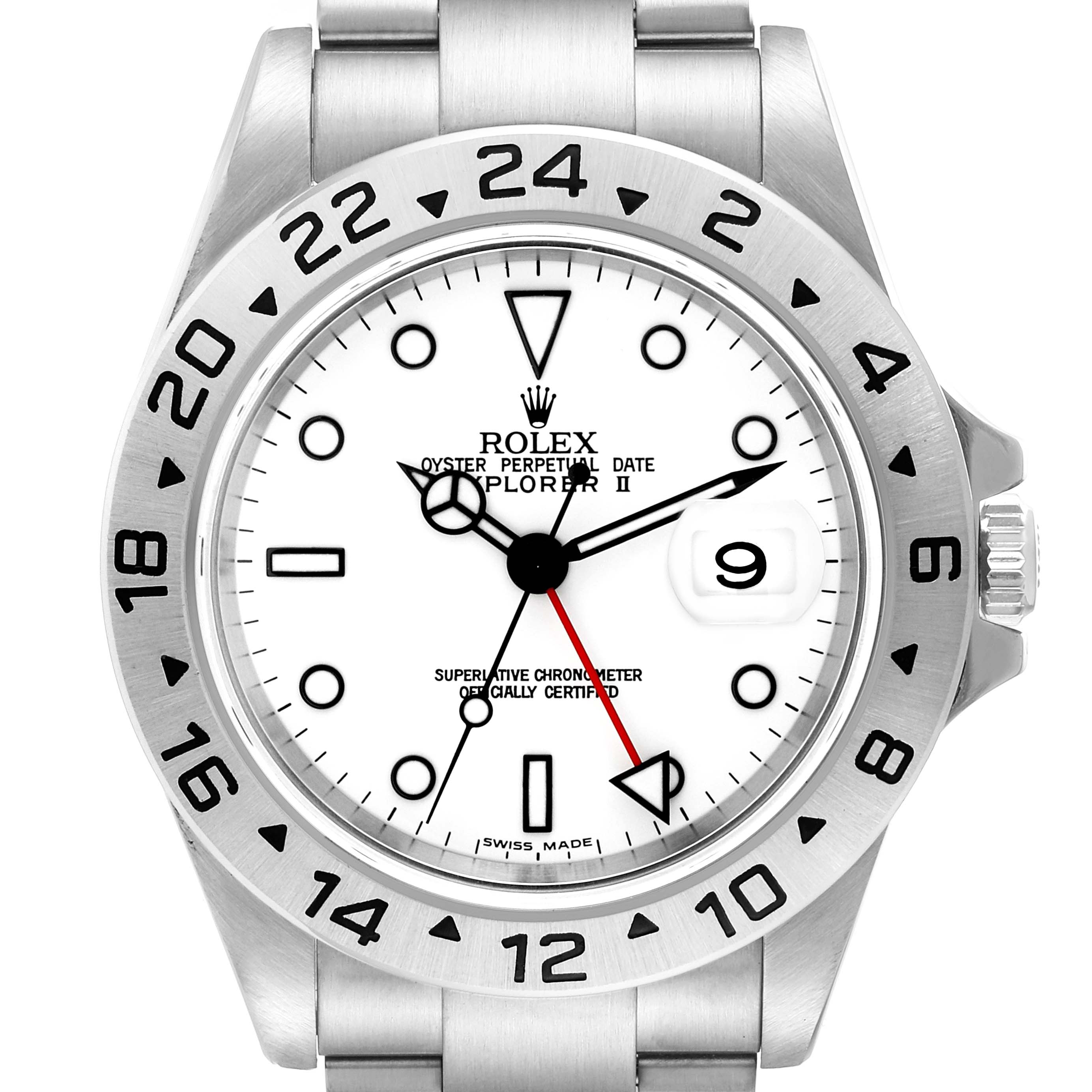 The image shows a front view of a Rolex Explorer 16570 Men
s Stainless Steel White Dial 16570 Men
s Stainless Steel White Dial watch, showcasing its bezel, dial, and part of the bracelet.