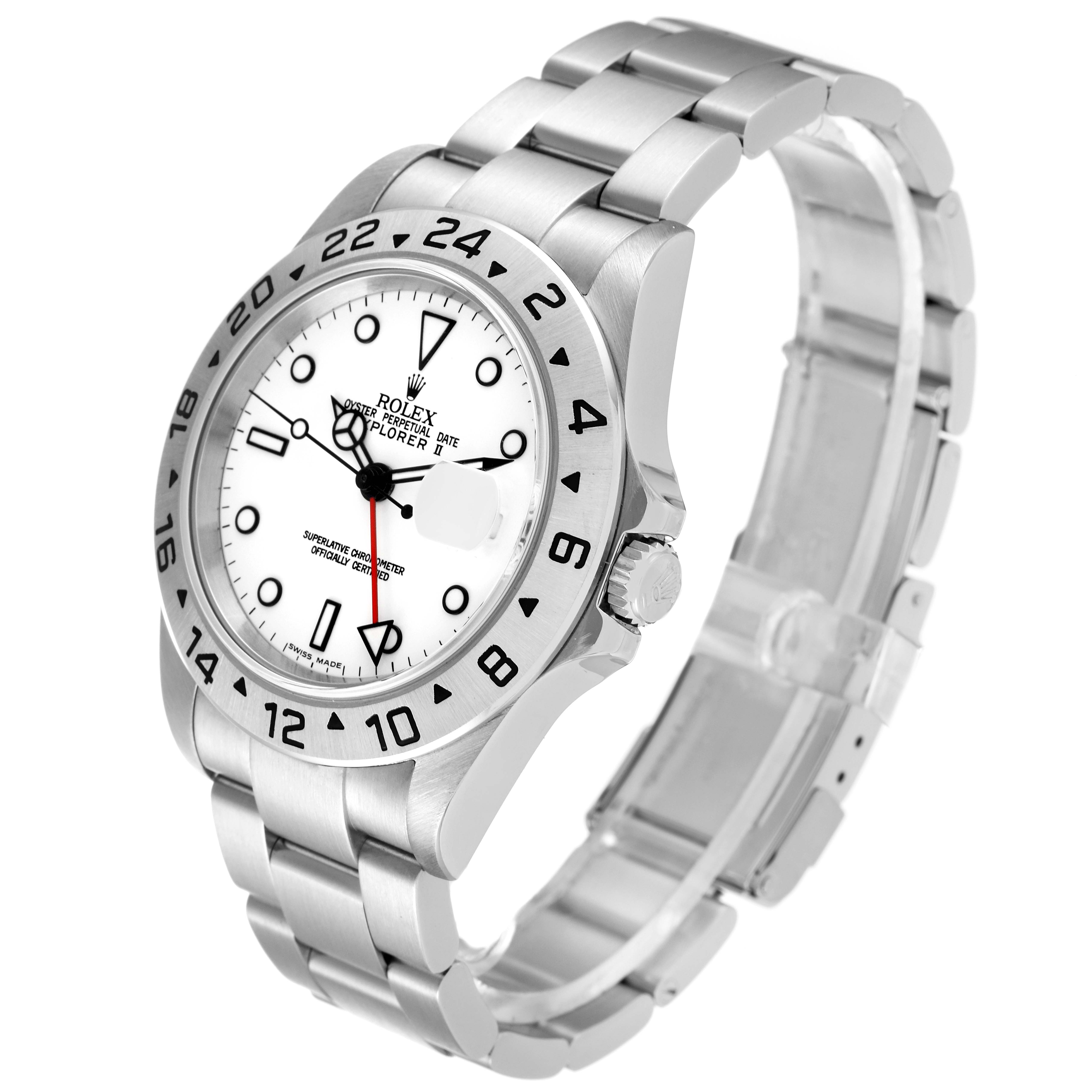 The image shows a side angle of a Rolex Explorer 16570 Men
s Stainless Steel White Dial 16570 Men
s Stainless Steel White Dial watch displaying the face, bezel, crown, and bracelet.