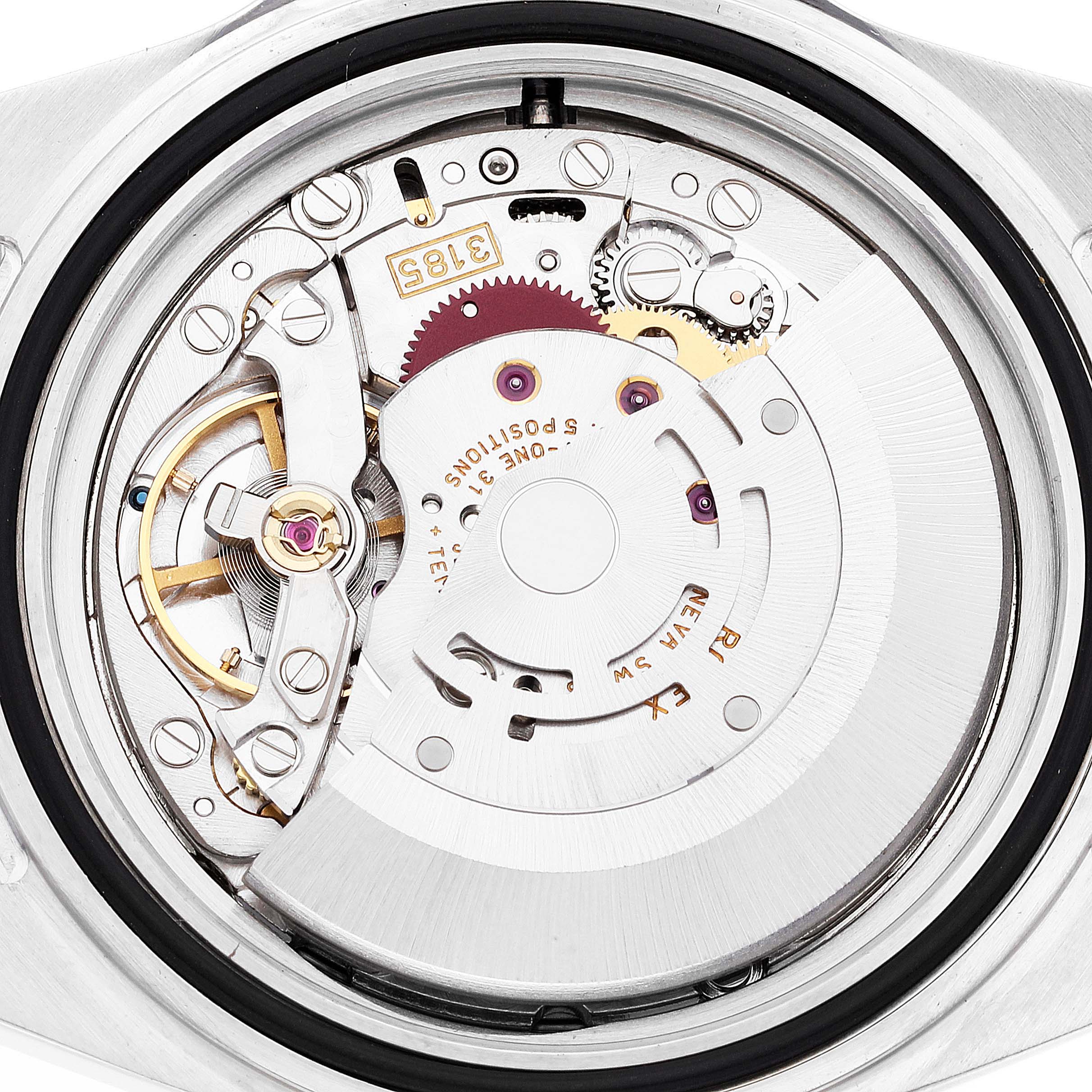This image shows the inner mechanism and movement of a Rolex Explorer 16570 Men
s Stainless Steel White Dial 16570 Men
s Stainless Steel White Dial model from a top-down angle.