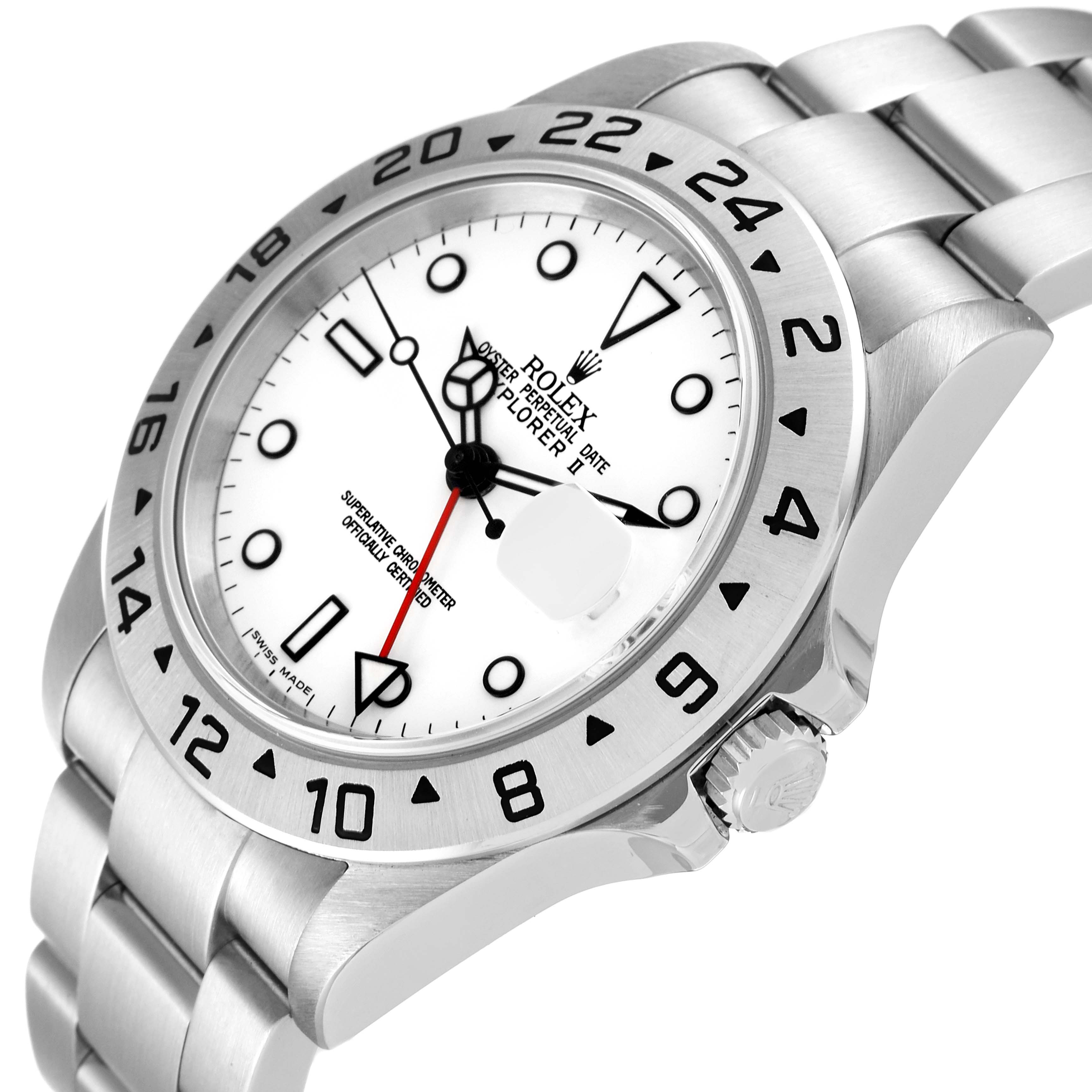 The image shows a Rolex Explorer 16570 Men
s Stainless Steel White Dial 16570 Men
s Stainless Steel White Dial watch at an angle displaying the face, bezel, crown, and part of the bracelet.