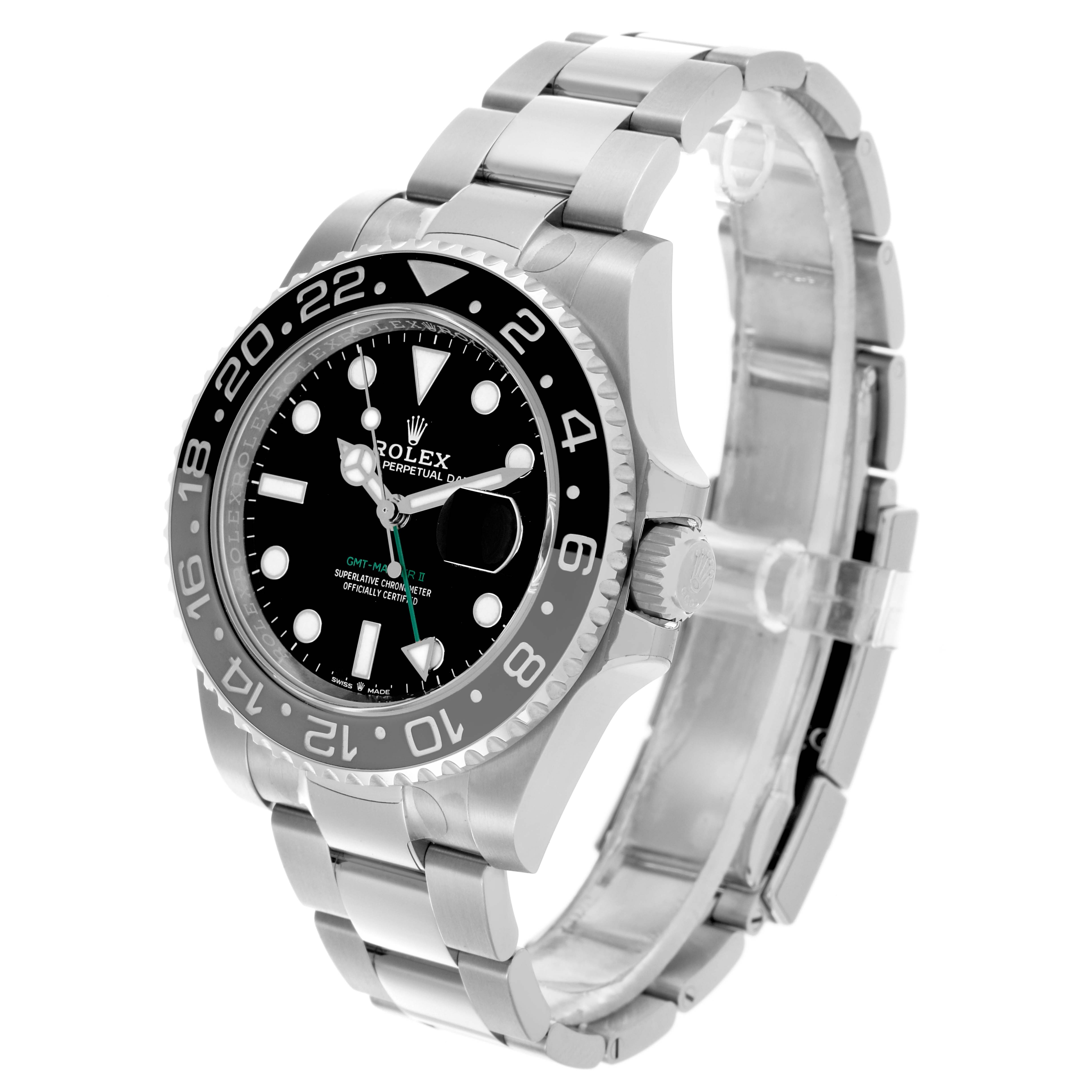The Rolex GMT-Master 126710GRNR Men
s Stainless Steel Black Dial 126710GRNR Men
s Stainless Steel Black Dial is shown at a three-quarter angle, highlighting the bezel, dial, and bracelet.